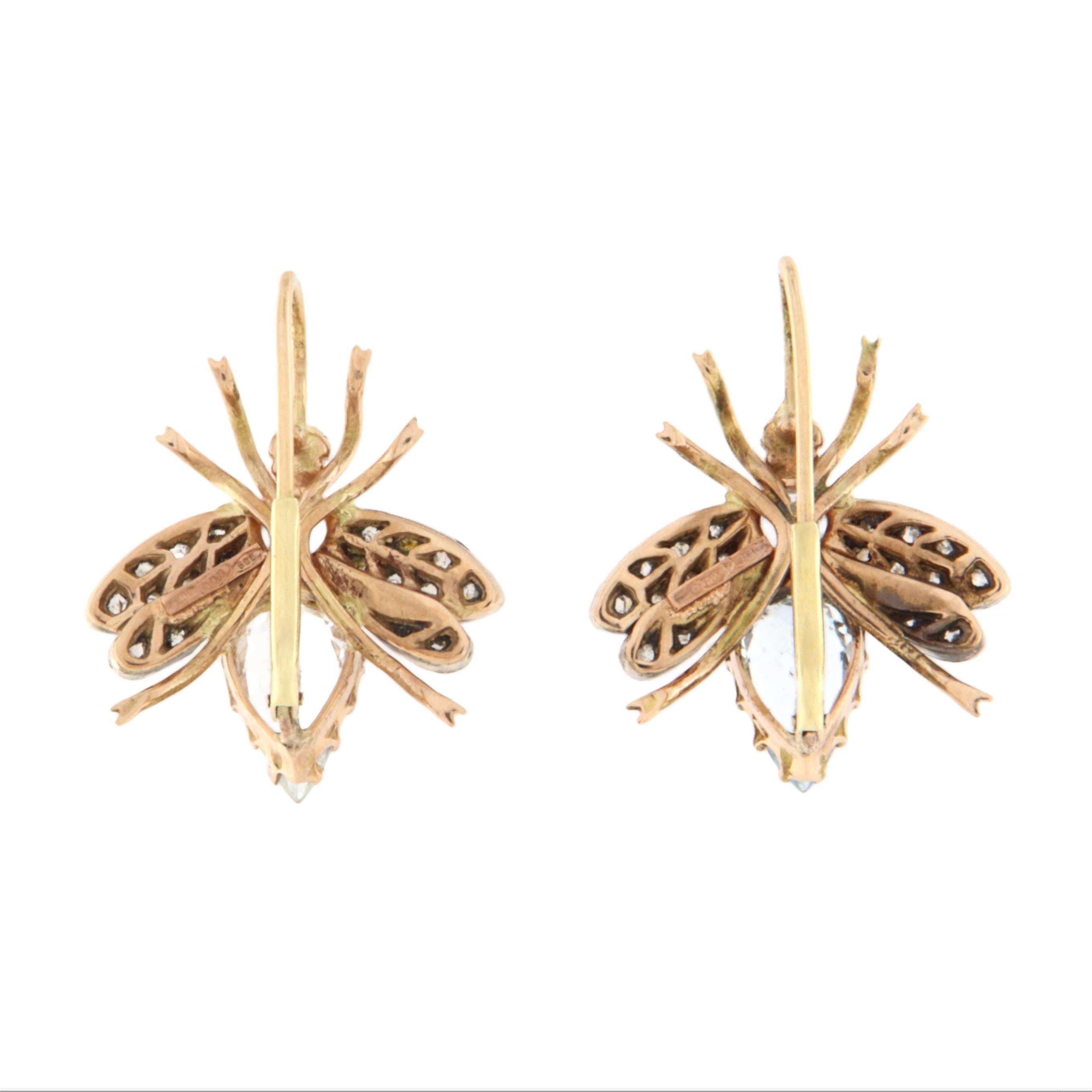 Diamanten Aquamarin 14 Karat Gelbgold Fliege Tropfen Ohrringe (Rosenschliff) im Angebot