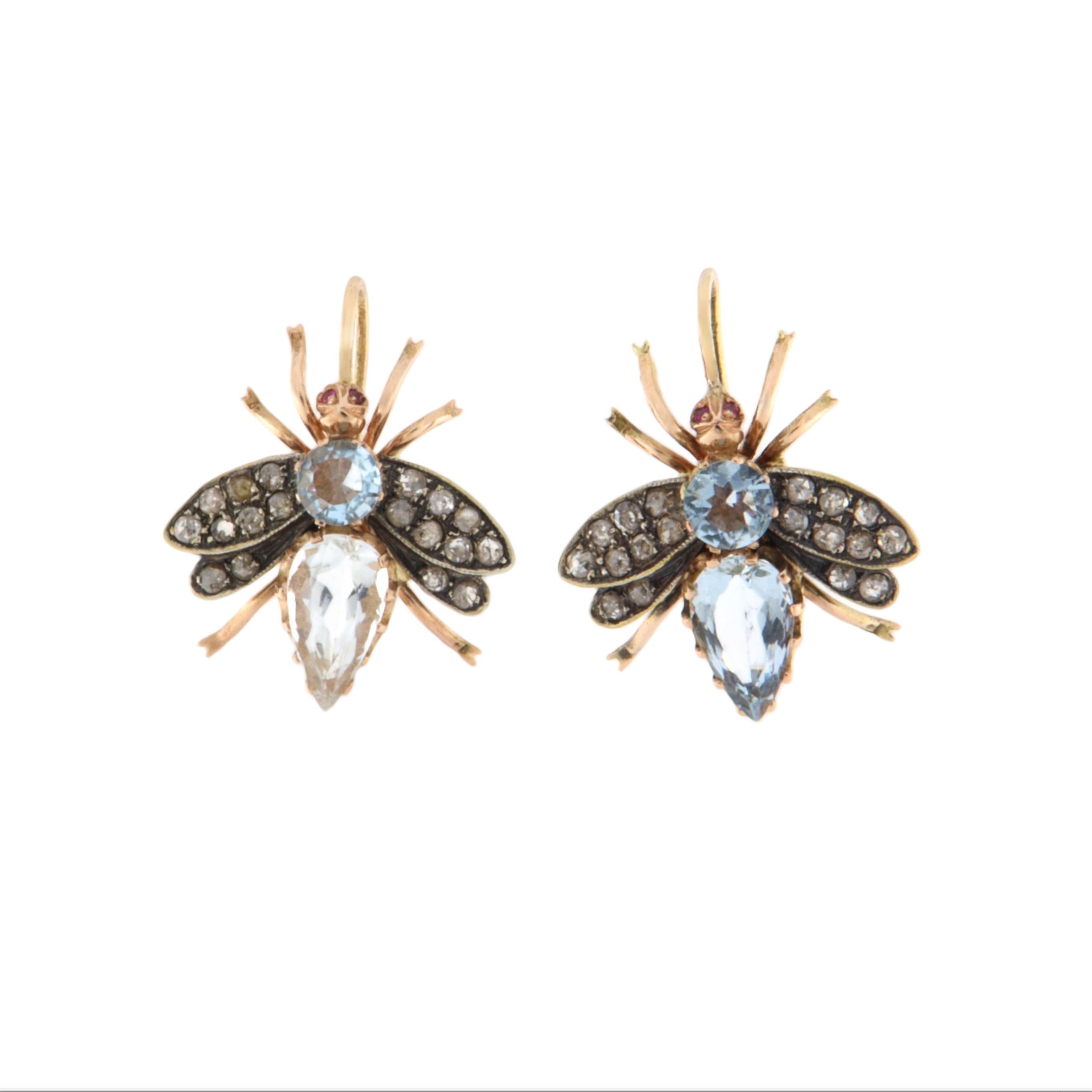 Diamanten Aquamarin 14 Karat Gelbgold Fliege Tropfen Ohrringe im Zustand „Neu“ im Angebot in Marcianise, IT