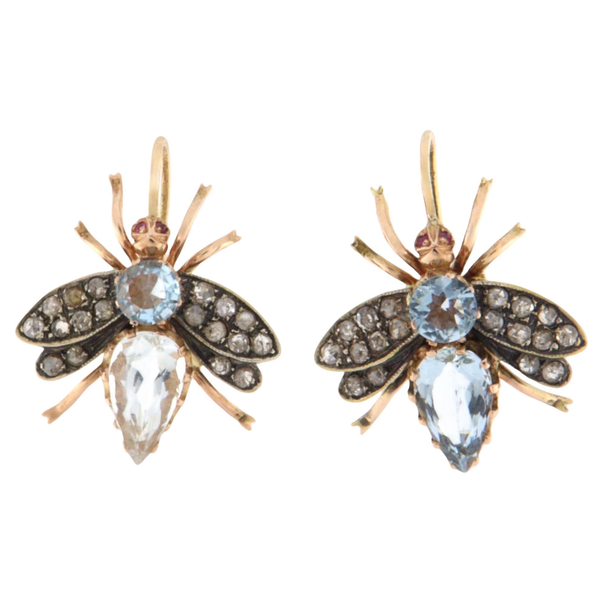 Diamanten Aquamarin 14 Karat Gelbgold Fliege Tropfen Ohrringe im Angebot