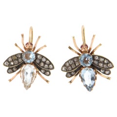 Diamanten Aquamarin 14 Karat Gelbgold Fliege Tropfen Ohrringe