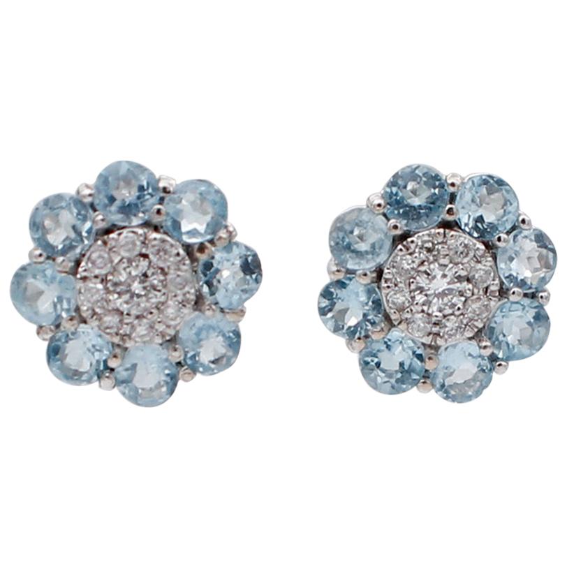Diamonds, Aquamarine, 18 Karat White Gold Flower Earrings