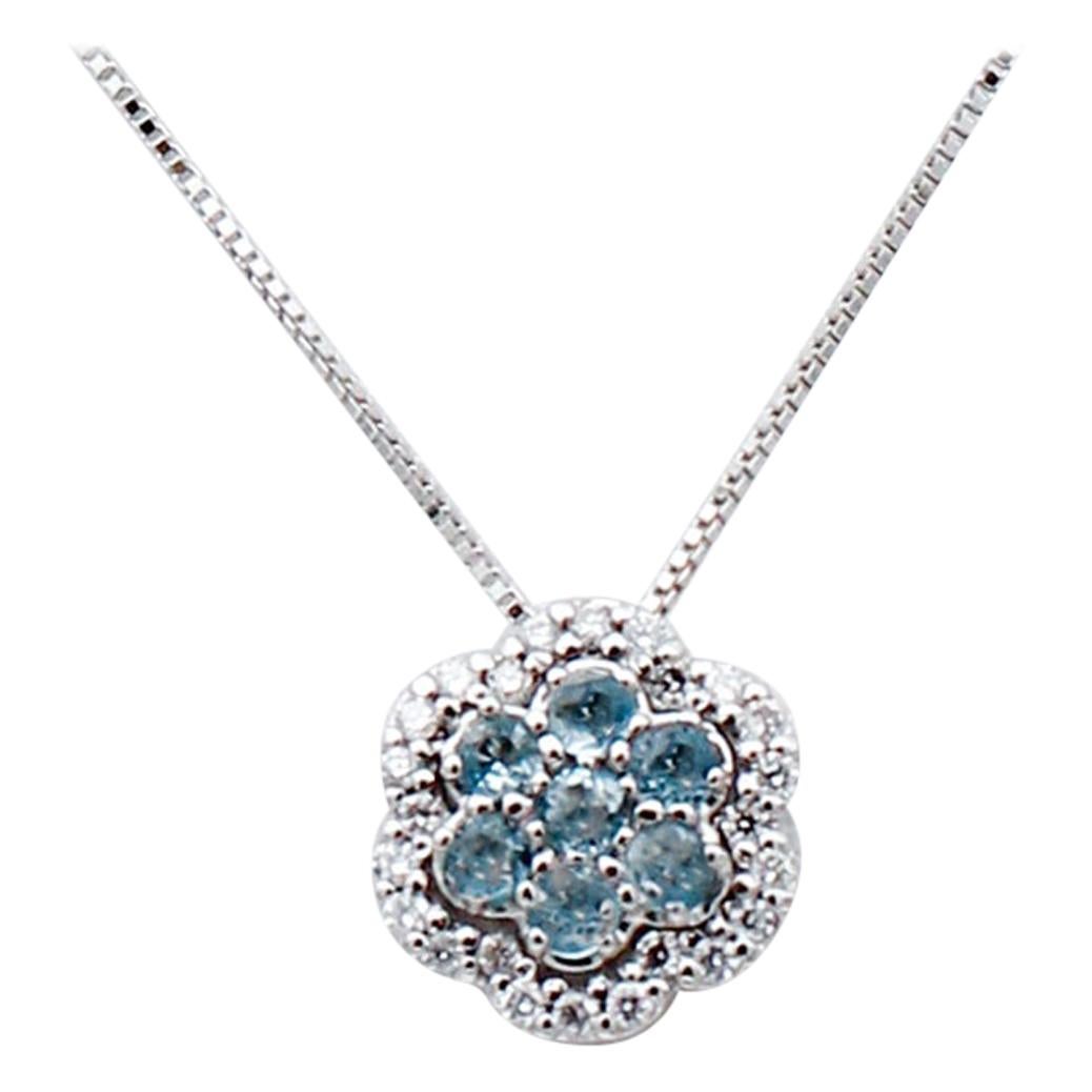 Diamonds, Aquamarine, 18 Karat White Gold Flower Pendant Necklace