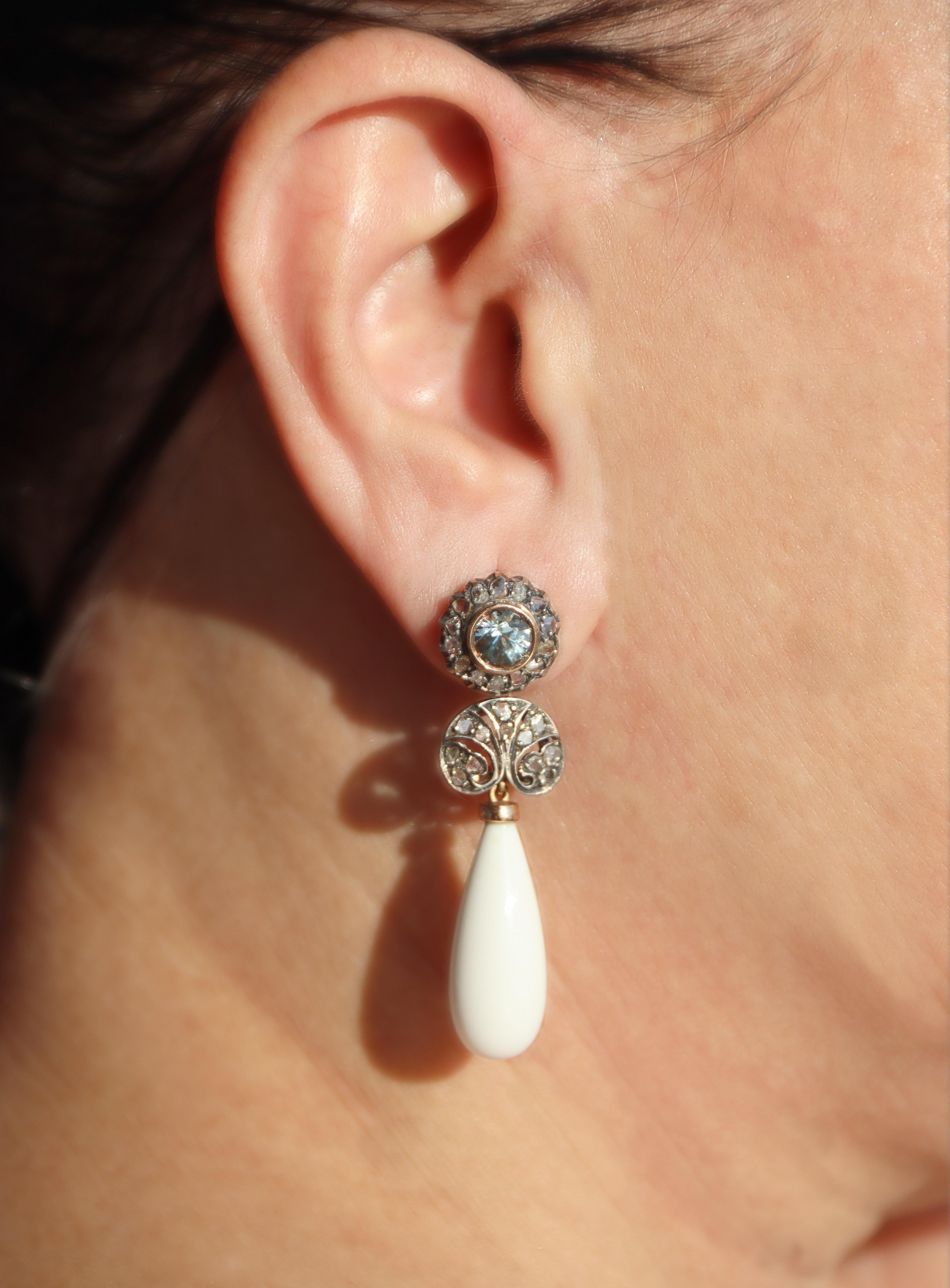 Boucles d'oreilles pendantes en or jaune 14 carats diamants aigue-marine agate en vente 4