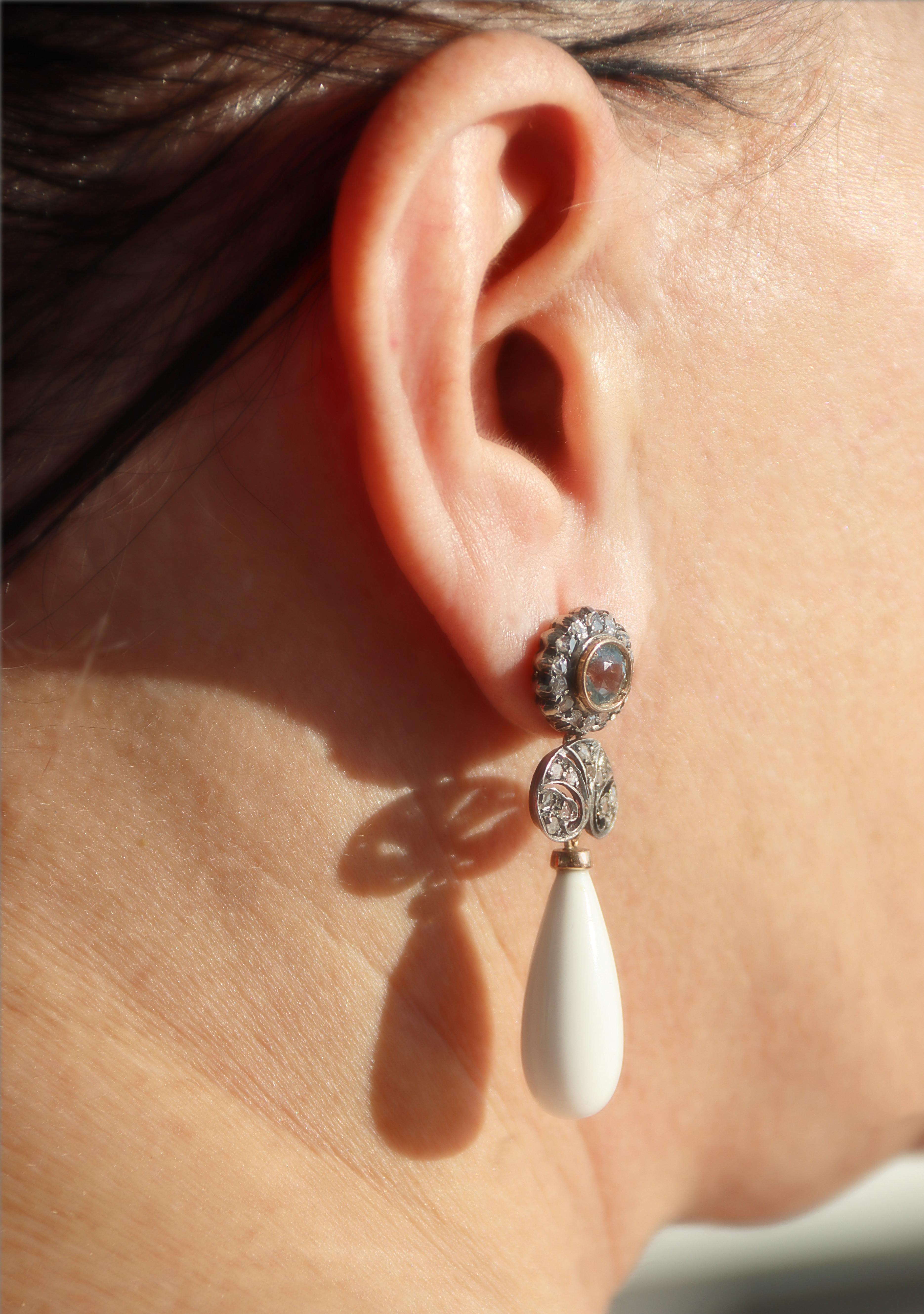 Boucles d'oreilles pendantes en or jaune 14 carats diamants aigue-marine agate en vente 5