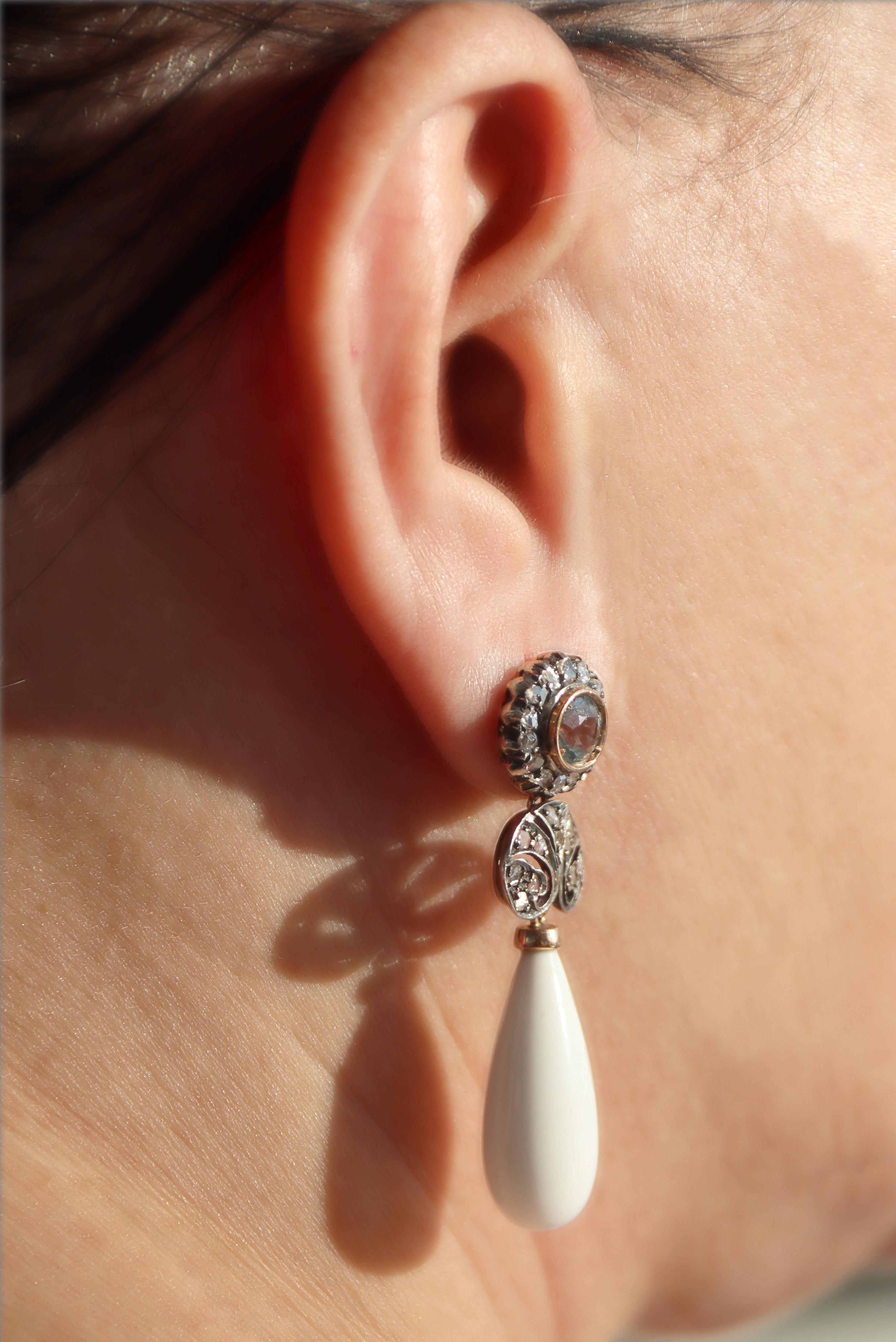 Boucles d'oreilles pendantes en or jaune 14 carats diamants aigue-marine agate en vente 6