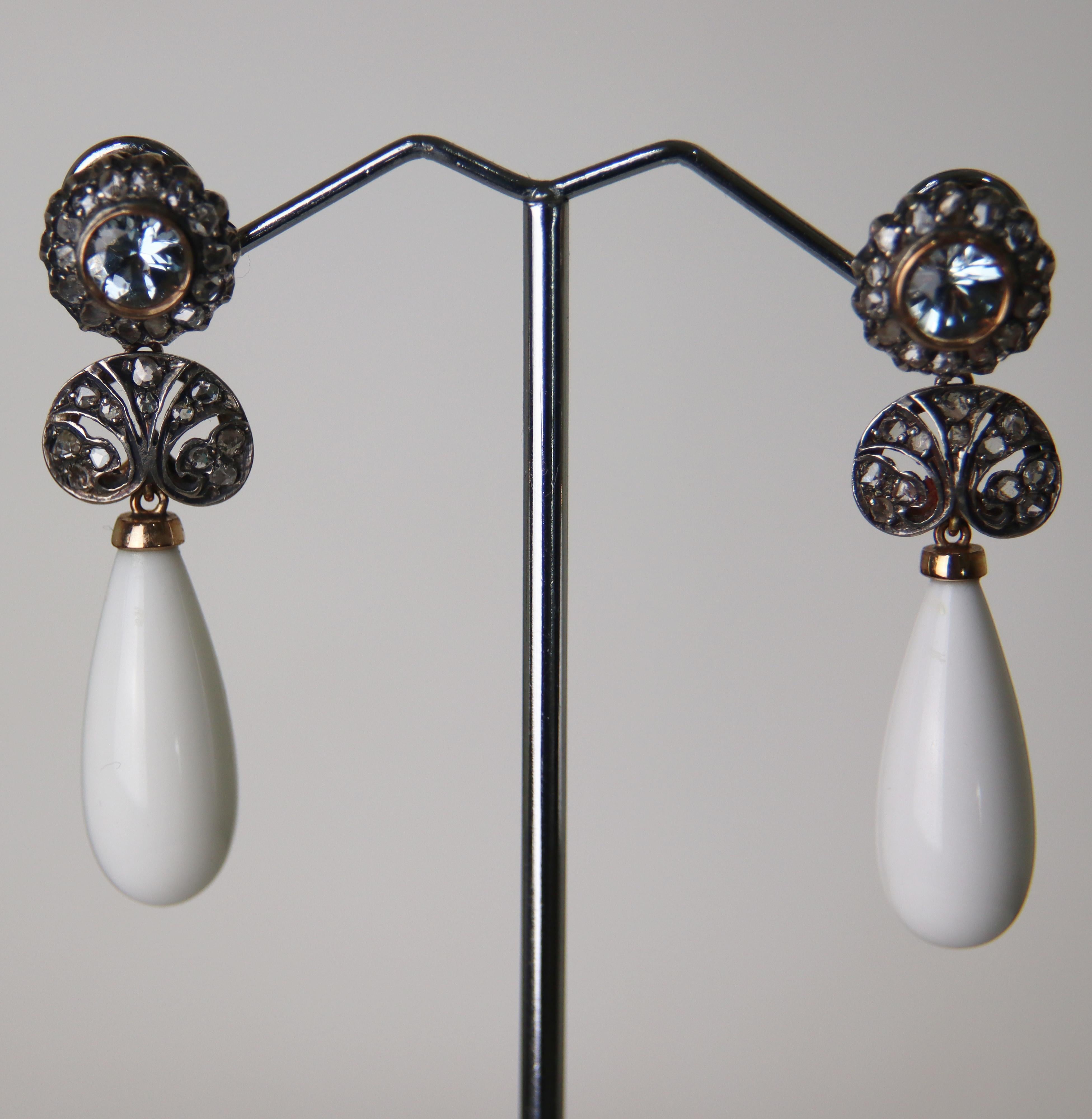 Boucles d'oreilles pendantes en or jaune 14 carats diamants aigue-marine agate Neuf - En vente à Marcianise, IT