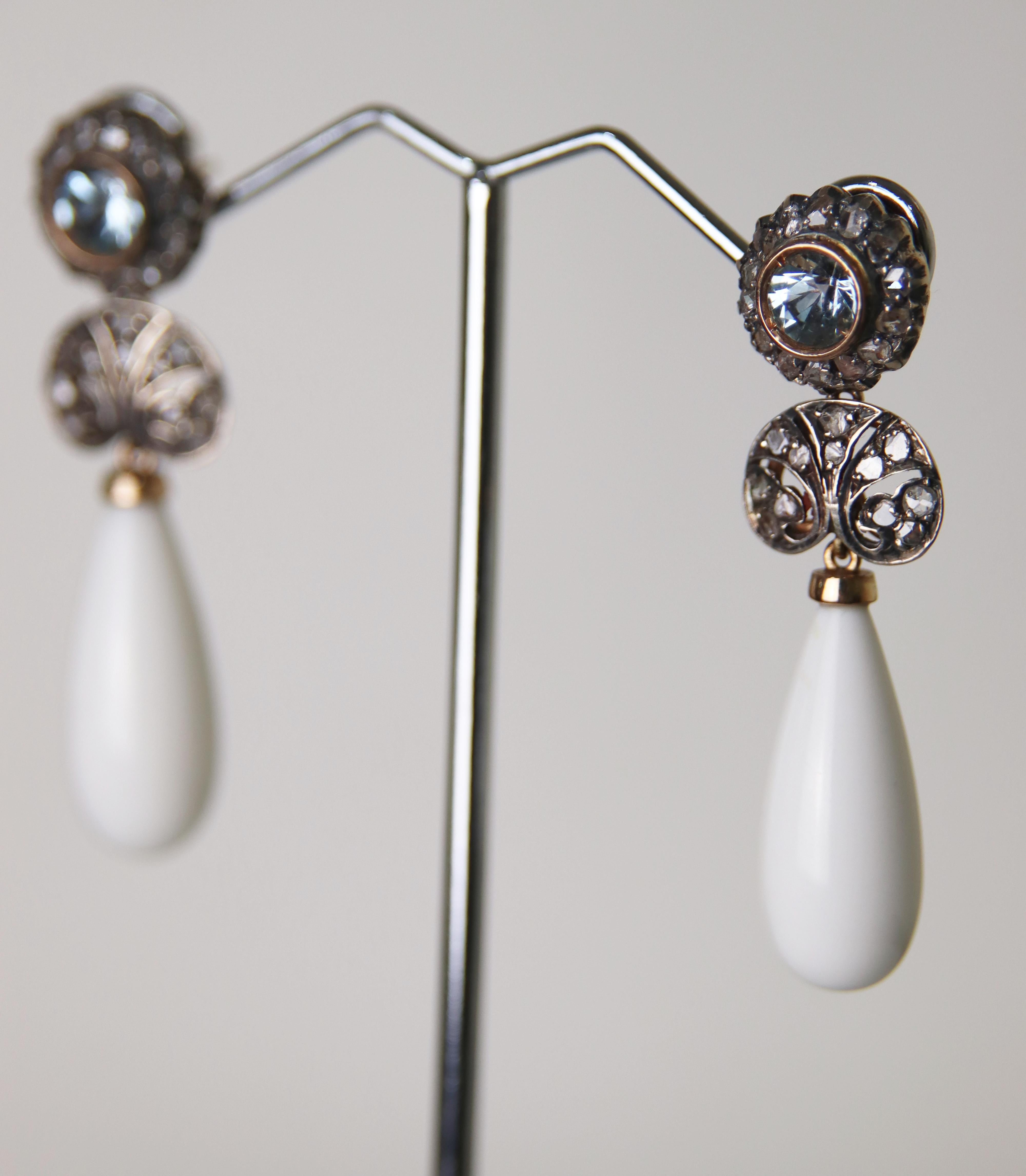 Boucles d'oreilles pendantes en or jaune 14 carats diamants aigue-marine agate Pour femmes en vente