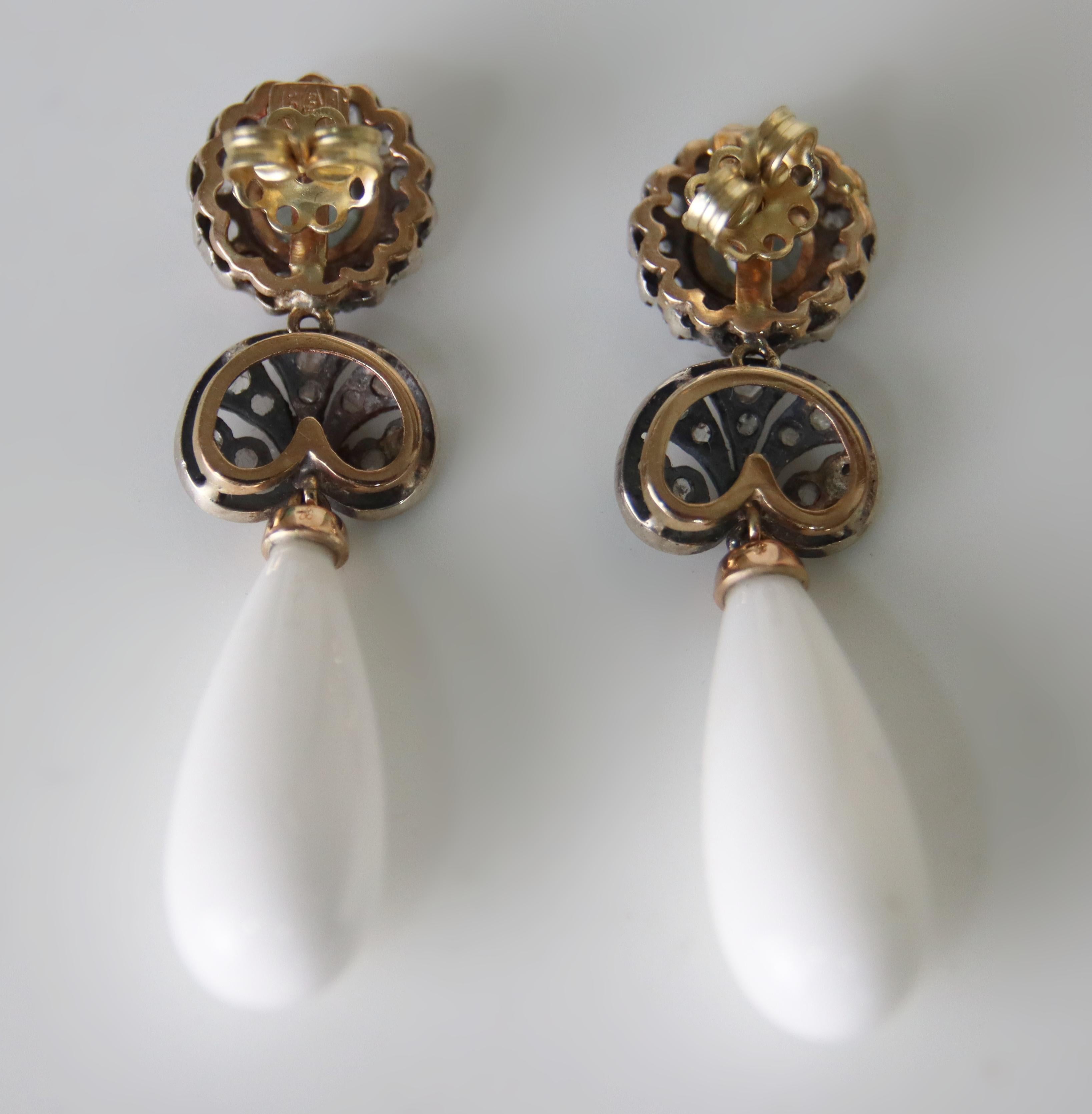 Boucles d'oreilles pendantes en or jaune 14 carats diamants aigue-marine agate en vente 2
