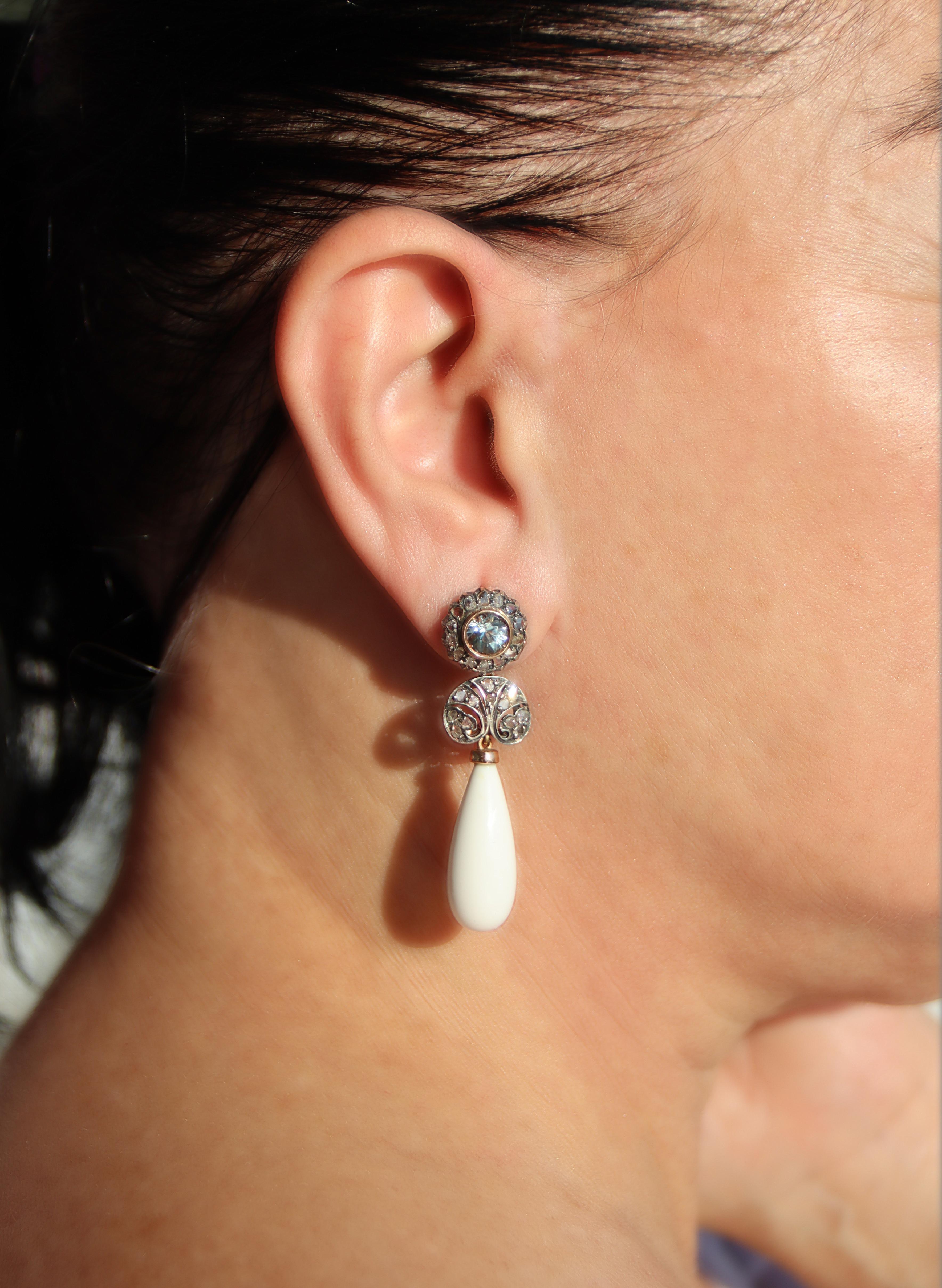 Boucles d'oreilles pendantes en or jaune 14 carats diamants aigue-marine agate en vente 3