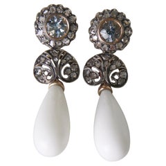 Diamonds Aquamarine Agate 14 Karat Yellow Gold Drop Earrings