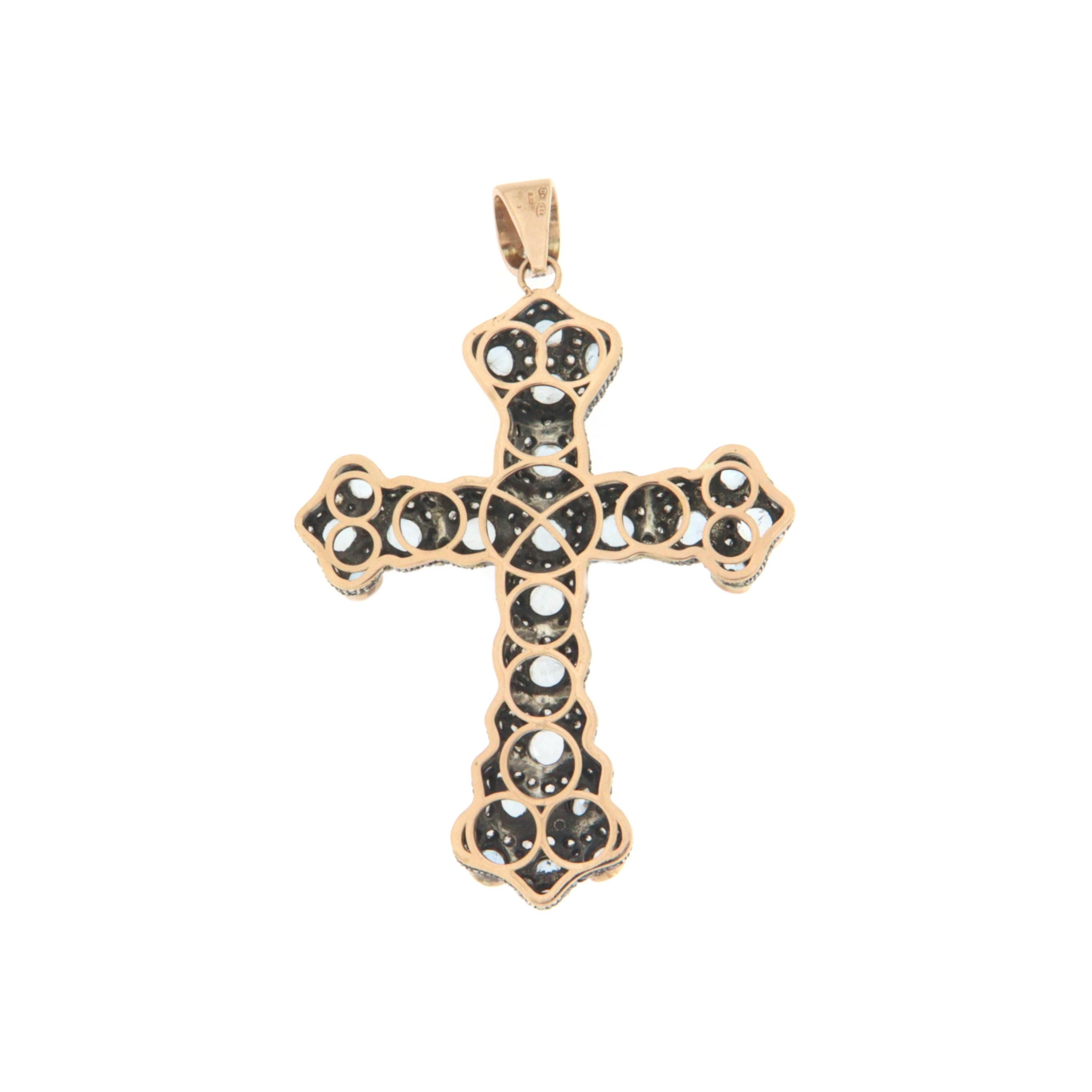 Rose Cut Diamonds Aquamarine Cross 9 Karat Yellow Gold Pendant Necklace For Sale
