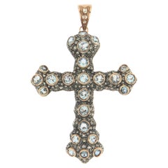 Diamonds Aquamarine Cross 9 Karat Yellow Gold Pendant Necklace