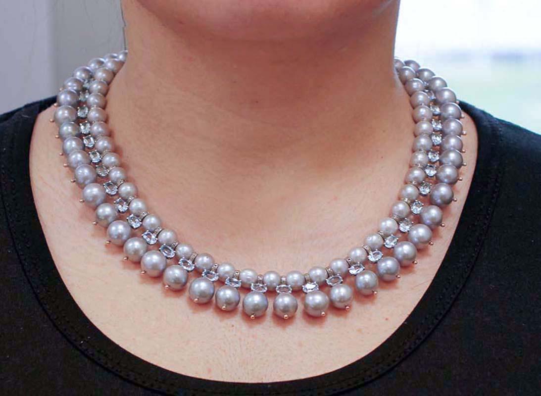 Diamonds, Aquamarine, Grey Pearls, 9 Karat Gold and Silver Retrò Necklace In New Condition In Marcianise, Marcianise (CE)