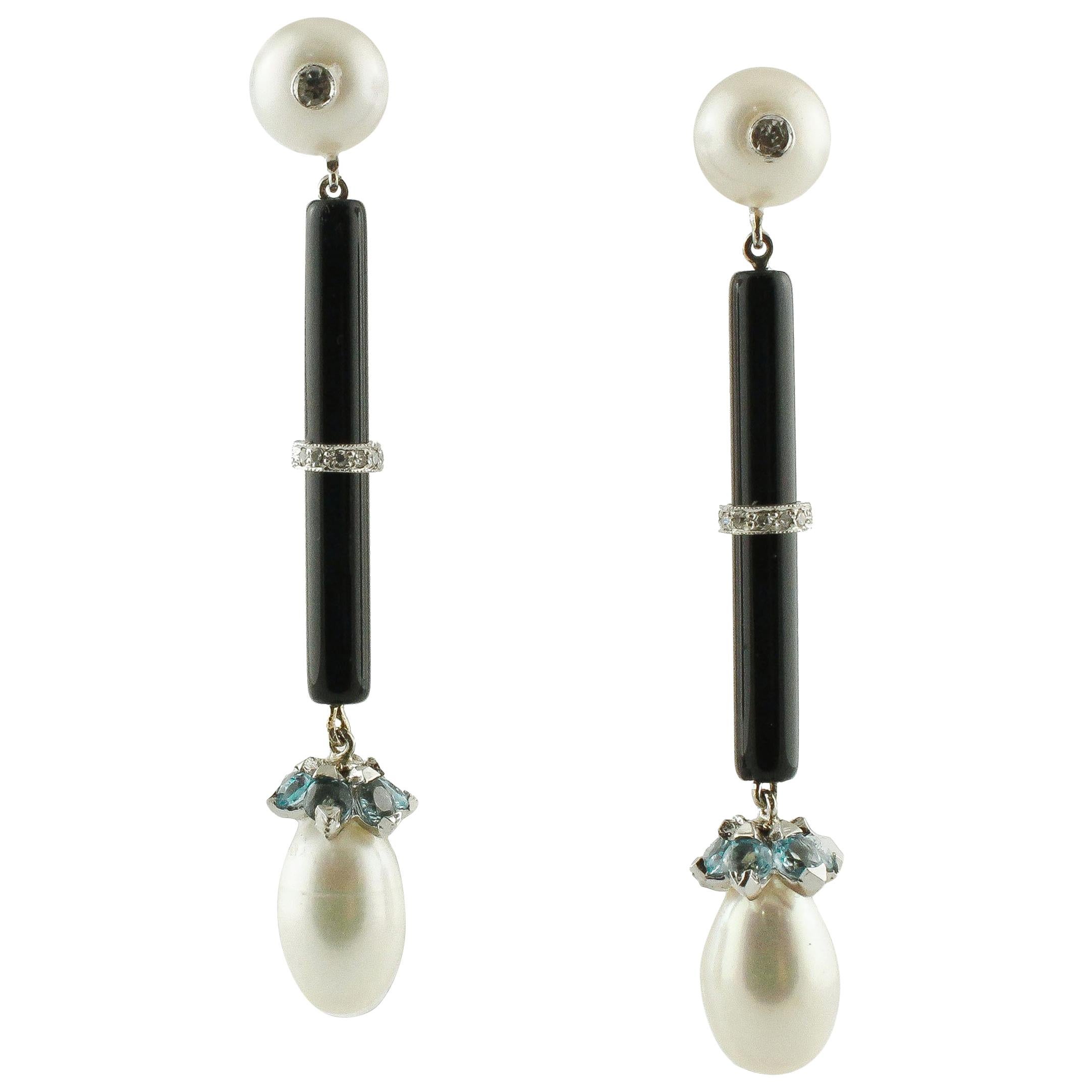 Diamonds Aquamarine Onyx Onyx Pearls White Gold Earrings