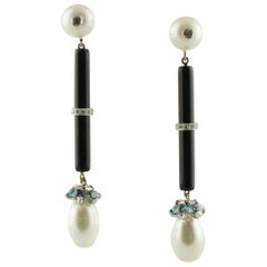 Vintage Diamonds Aquamarine Onyx Onyx Pearls White Gold Earrings