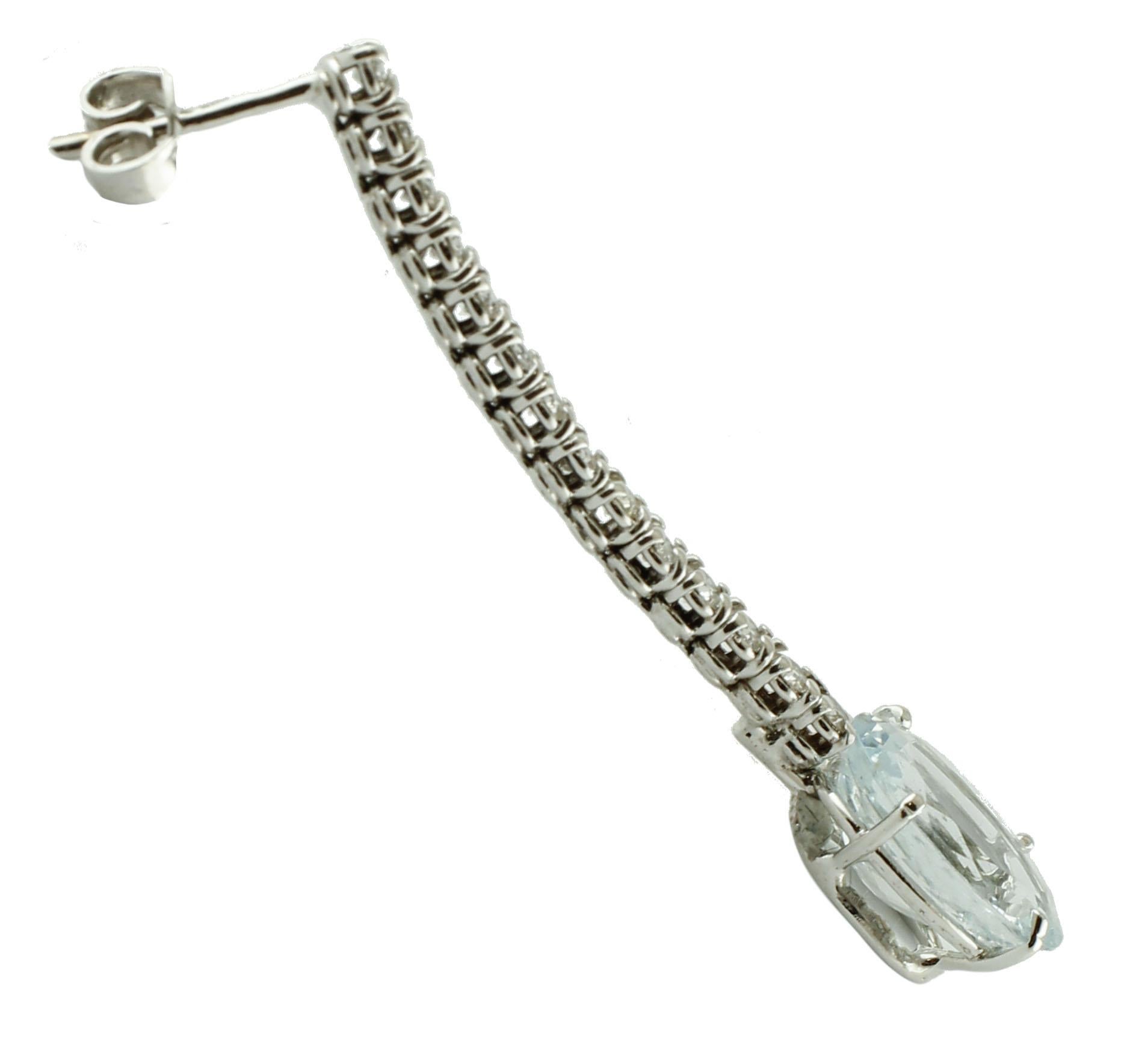 Retro Diamonds, Aquamarines 14 Karat White Gold Dangle Earrings