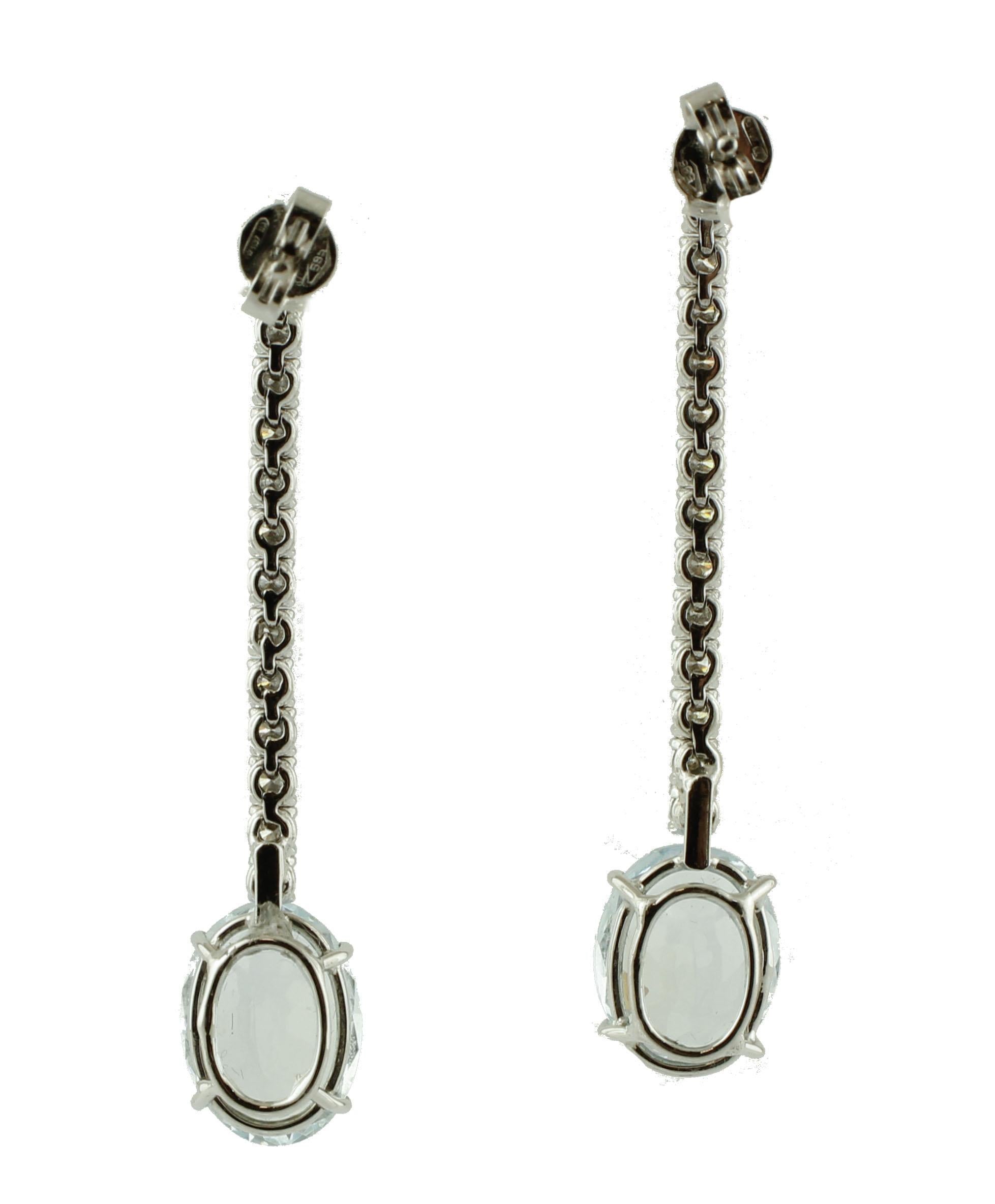 Round Cut Diamonds, Aquamarines 14 Karat White Gold Dangle Earrings