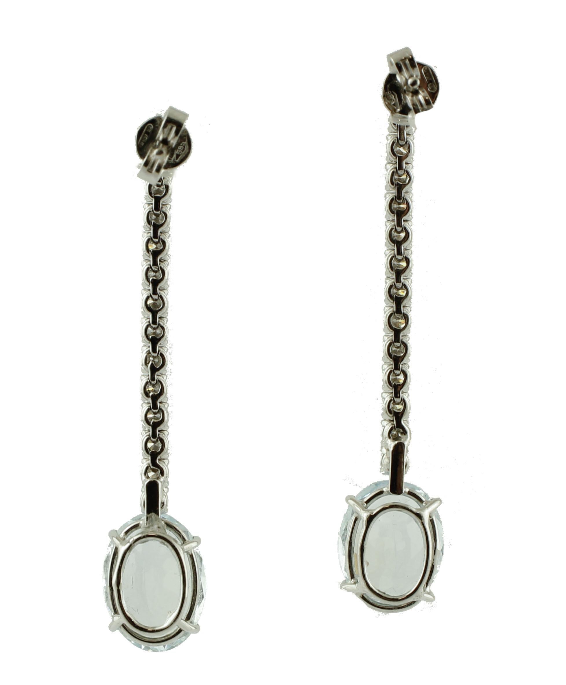 Round Cut Diamonds, Aquamarines 14 Karat White Gold Dangle Earrings For Sale