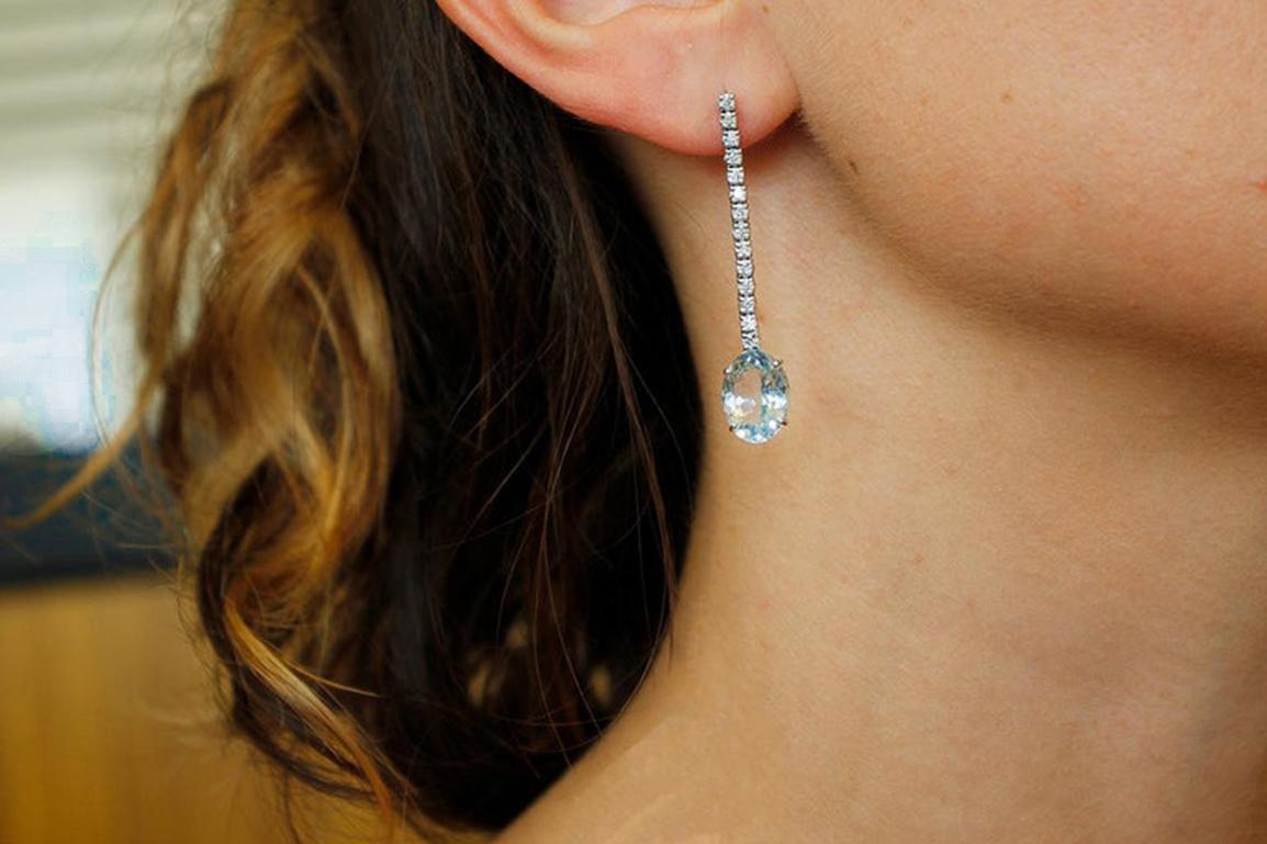 Women's Diamonds, Aquamarines 14 Karat White Gold Dangle Earrings For Sale