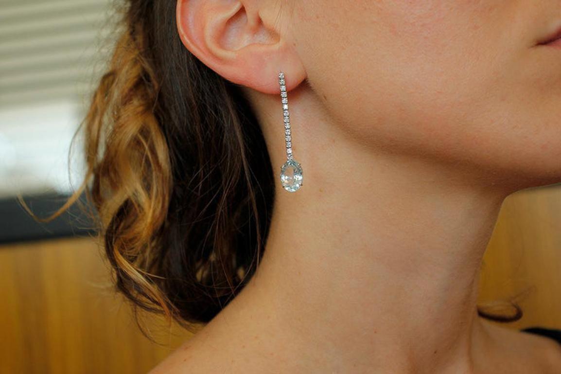 Diamonds, Aquamarines 14 Karat White Gold Dangle Earrings 2