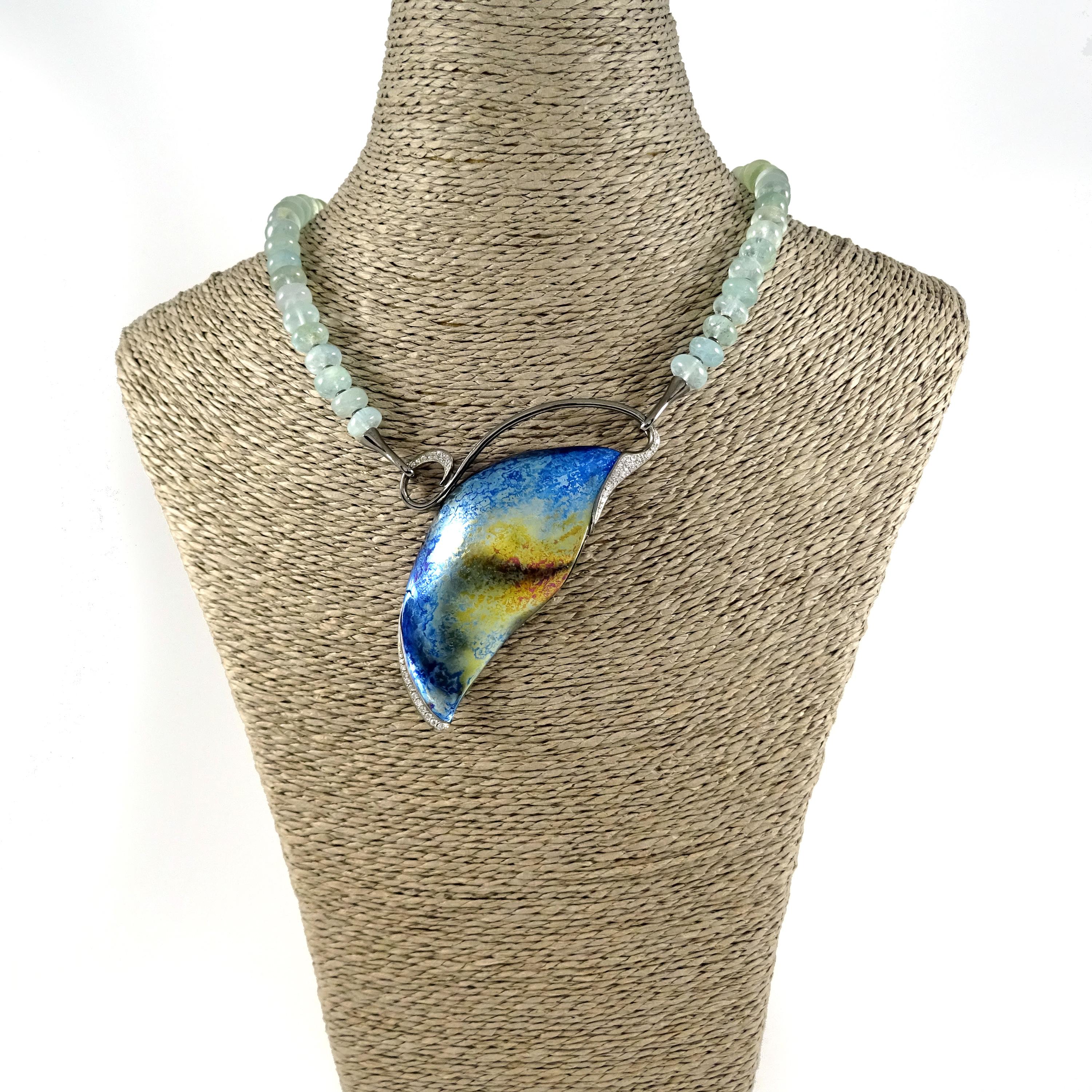 Contemporary Diamonds Aquamarines 18 Karat Gold Sterling Silver Blue Timascus Necklace For Sale