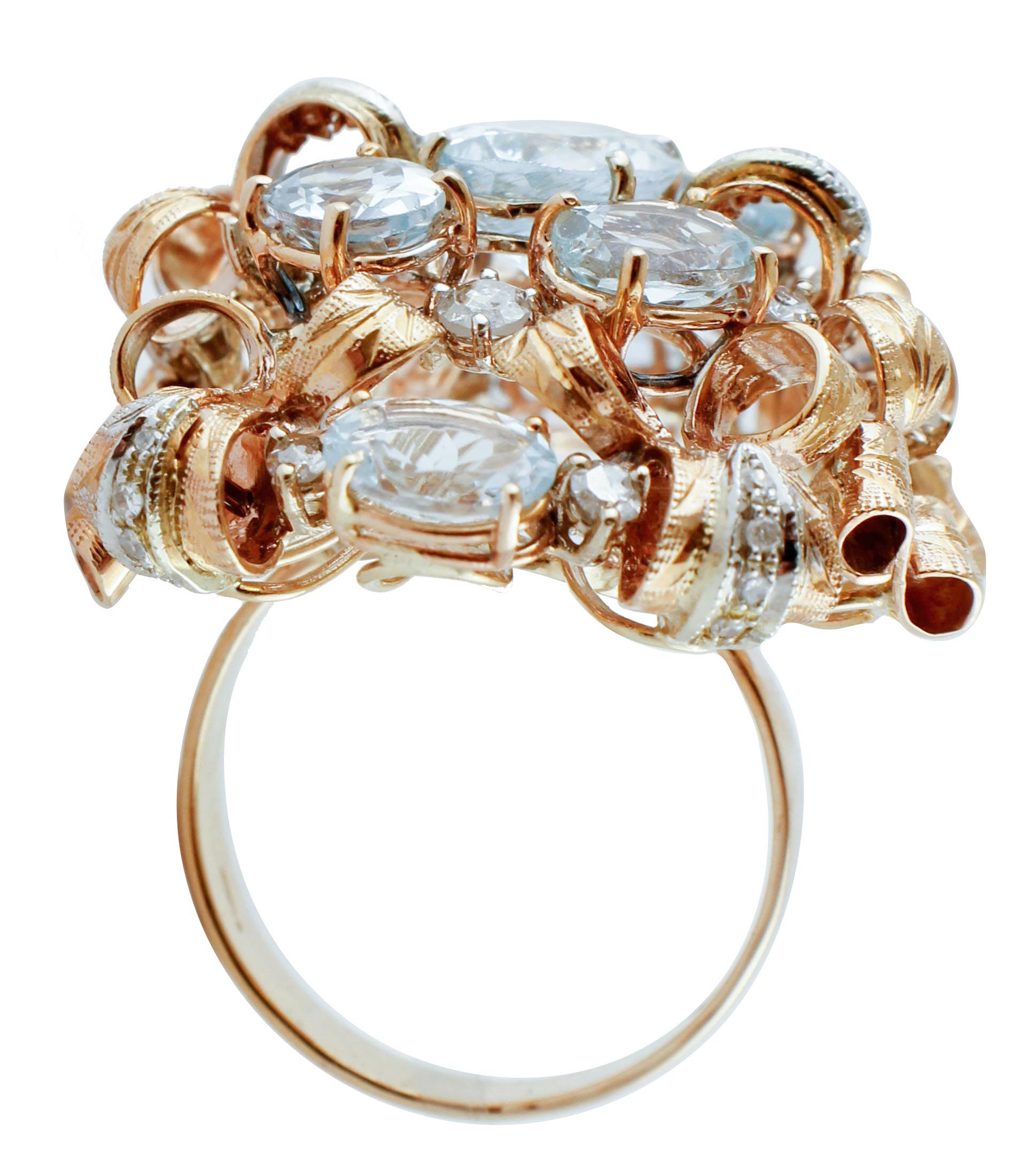 Diamanten, Aquamarine, Rose und Weißgold Cluster/Fashion Retrò Ring (Gemischter Schliff)