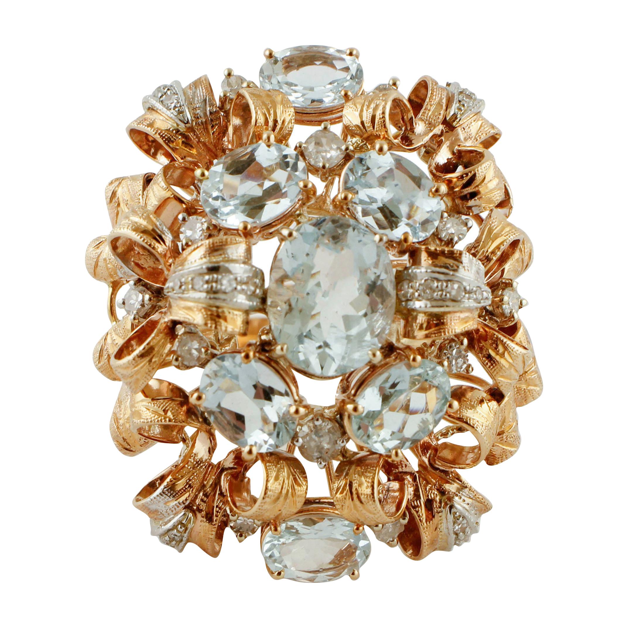 Diamonds, Aquamarines, Rose and White Gold Cluster/Fashion Retrò Ring
