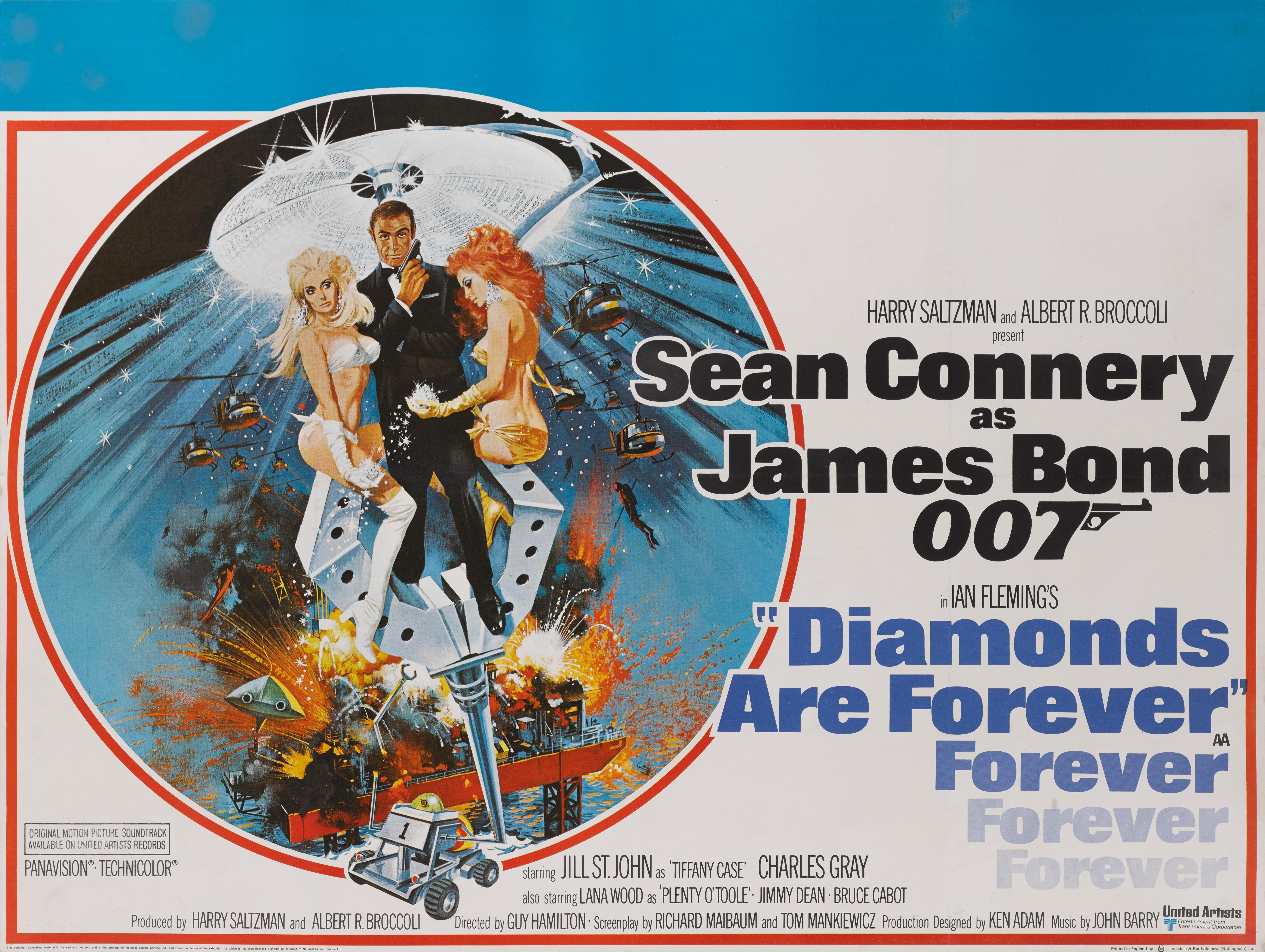 Originales britisches Filmplakat für Diamonds are Forever, den siebten Film der Reihe und das sechste Mal, dass Sean Connery James Bond 007 spielt. Bei dem Film führte Guy Hamilton Regie. Das Plakat ist ein Werk von Robert E. McGinnis (geb. 1926).