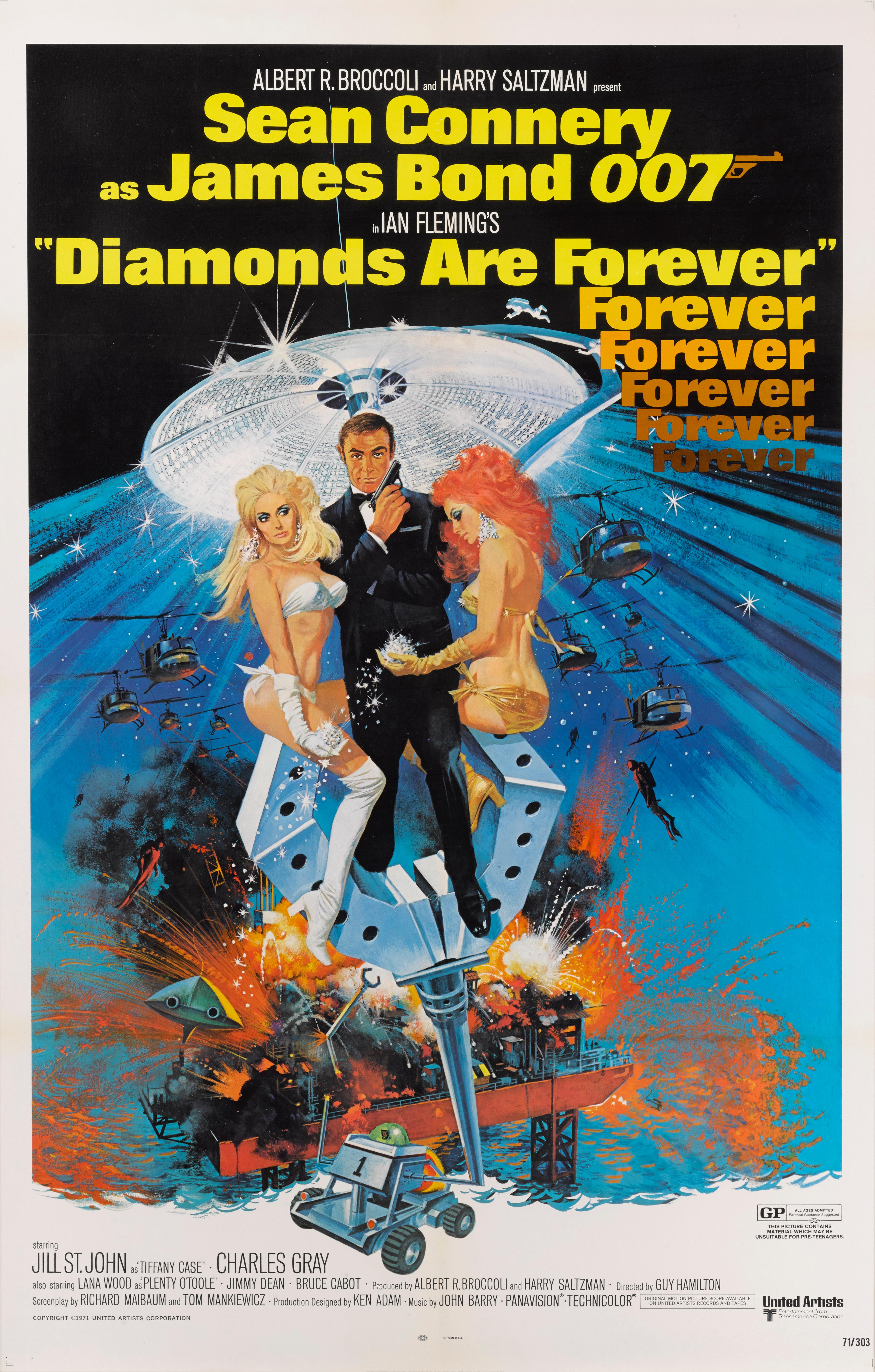 Original US-Filmplakat für Diamonds are Forever, den siebten Film der Reihe und das sechste Mal, dass Sean Connery James Bond 007 spielt.
Die Regie bei diesem Film führte Guy Hamilton.
Dieses Plakat ist Erhaltung lonen zurück und es würde in einem