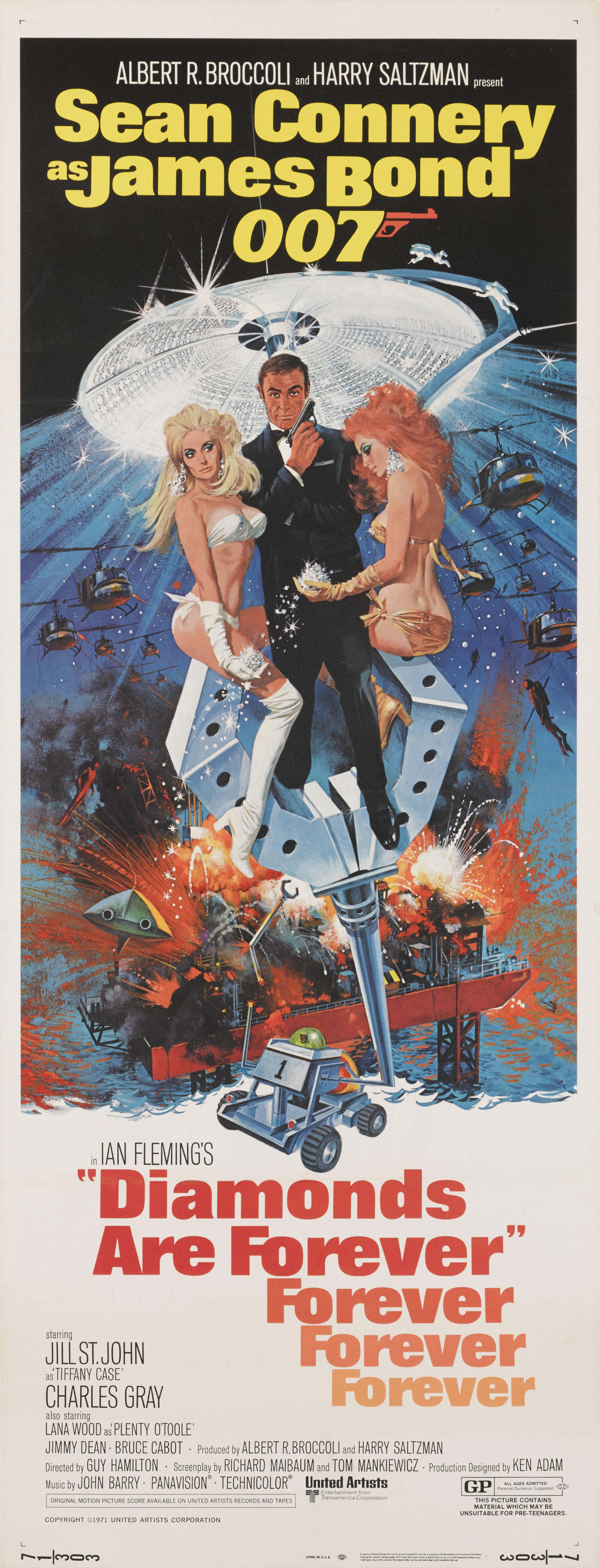 Original US-Filmplakat für Diamonds are Forever, den siebten Film der Reihe und das sechste Mal, dass Sean Connery James Bond 007 spielt.
Die Regie bei diesem Film führte Guy Hamilton.
Dieses Plakat ist ungefaltet und konserviert Papier zurück und