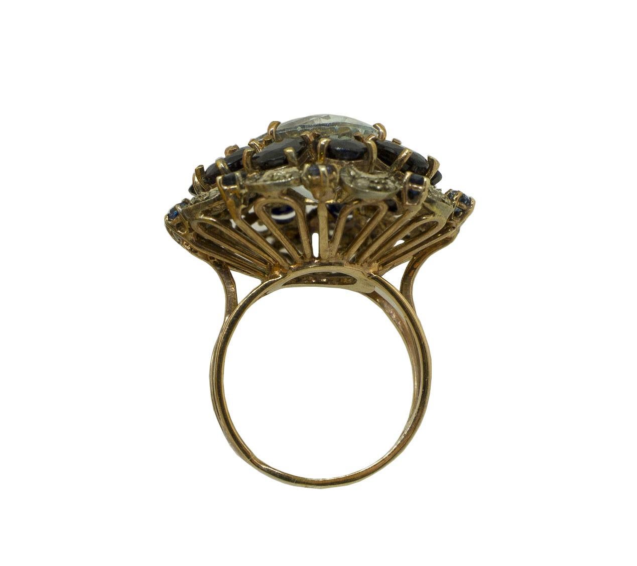 Women's Diamonds Australian Blue Sapphires Aquamarine Rose Gold and Silver Cluster Ring