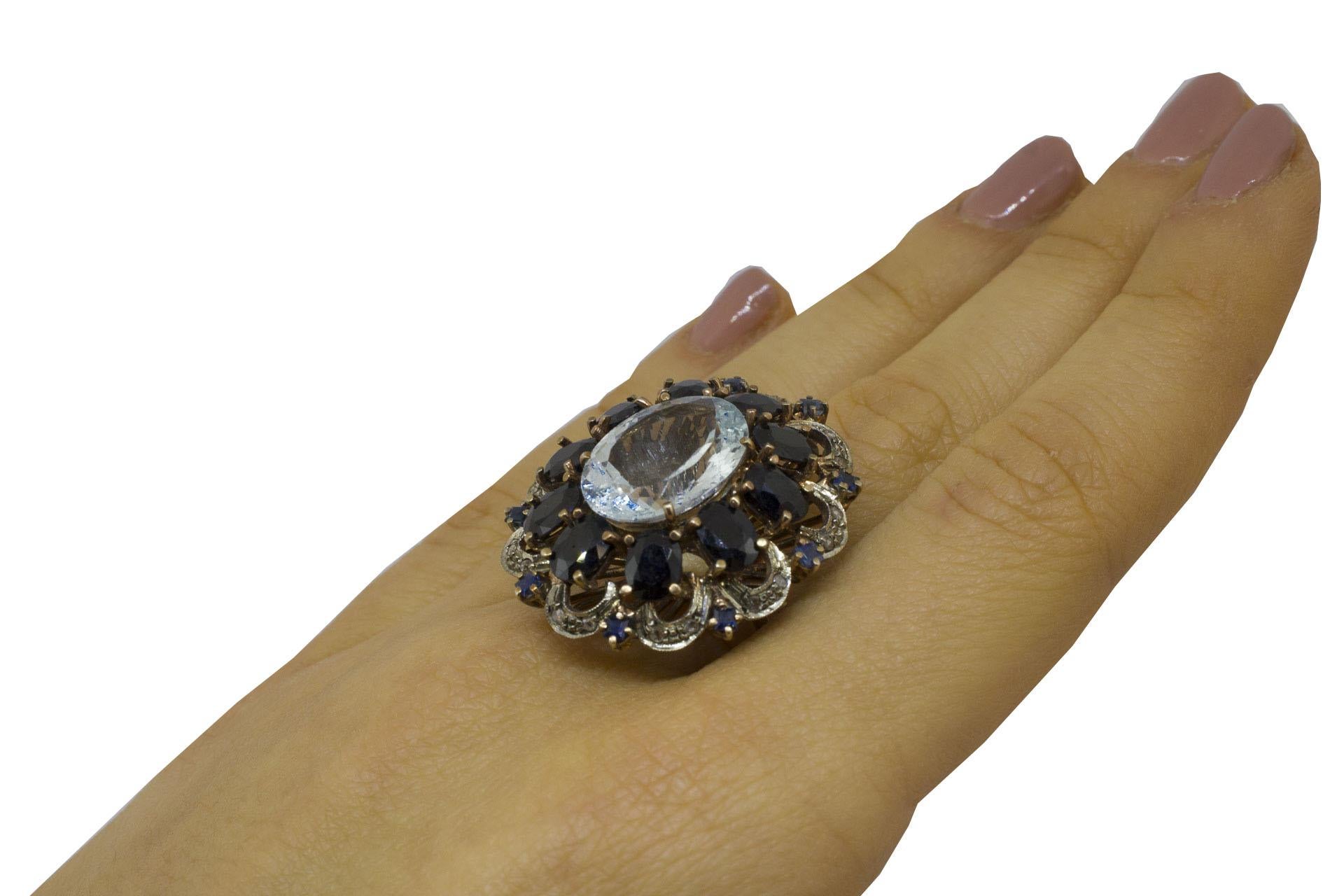 Diamonds Australian Blue Sapphires Aquamarine Rose Gold and Silver Cluster Ring 3