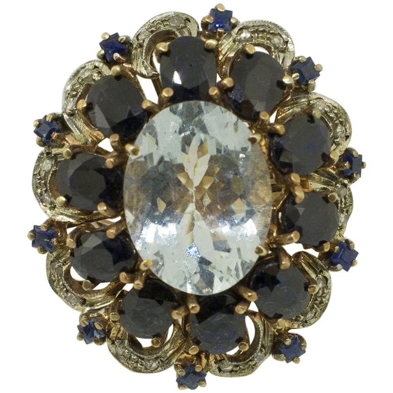 Diamonds Australian Blue Sapphires Aquamarine Rose Gold and Silver Cluster Ring