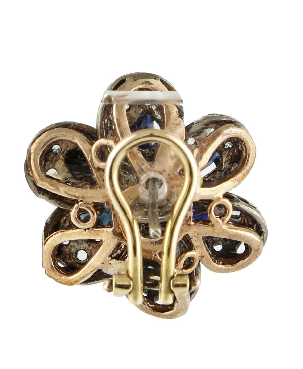 Ohrringe aus Roségold und Silber mit Diamanten, australischen blauen Saphiren und Perlen (Retro) im Angebot