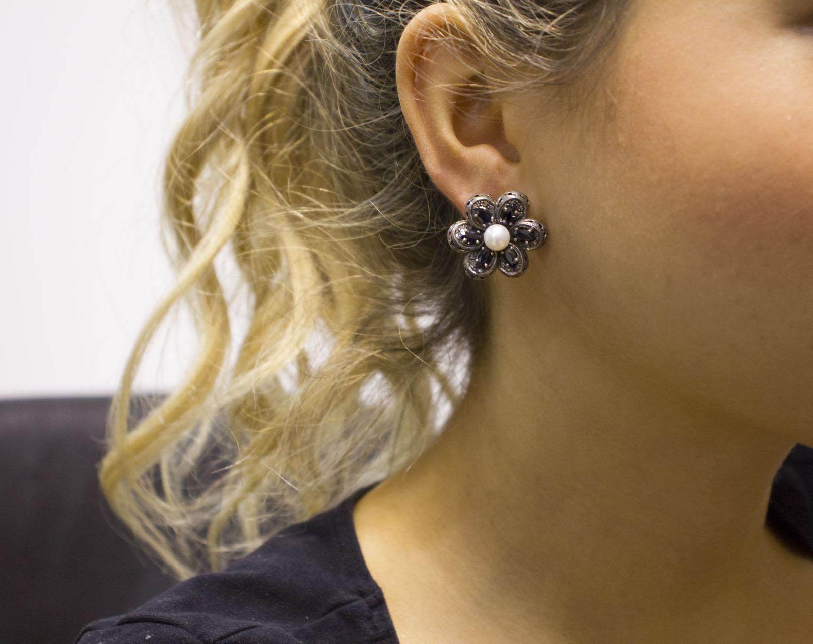 Ohrringe aus Roségold und Silber mit Diamanten, australischen blauen Saphiren und Perlen Damen im Angebot