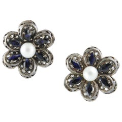 Diamonds Australian Blue Sapphires Pearls Rose Gold and Silver Earrings