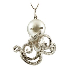 Vintage Diamonds, Baroque Pearl, 14 Karat White Gold Octopus Pendant