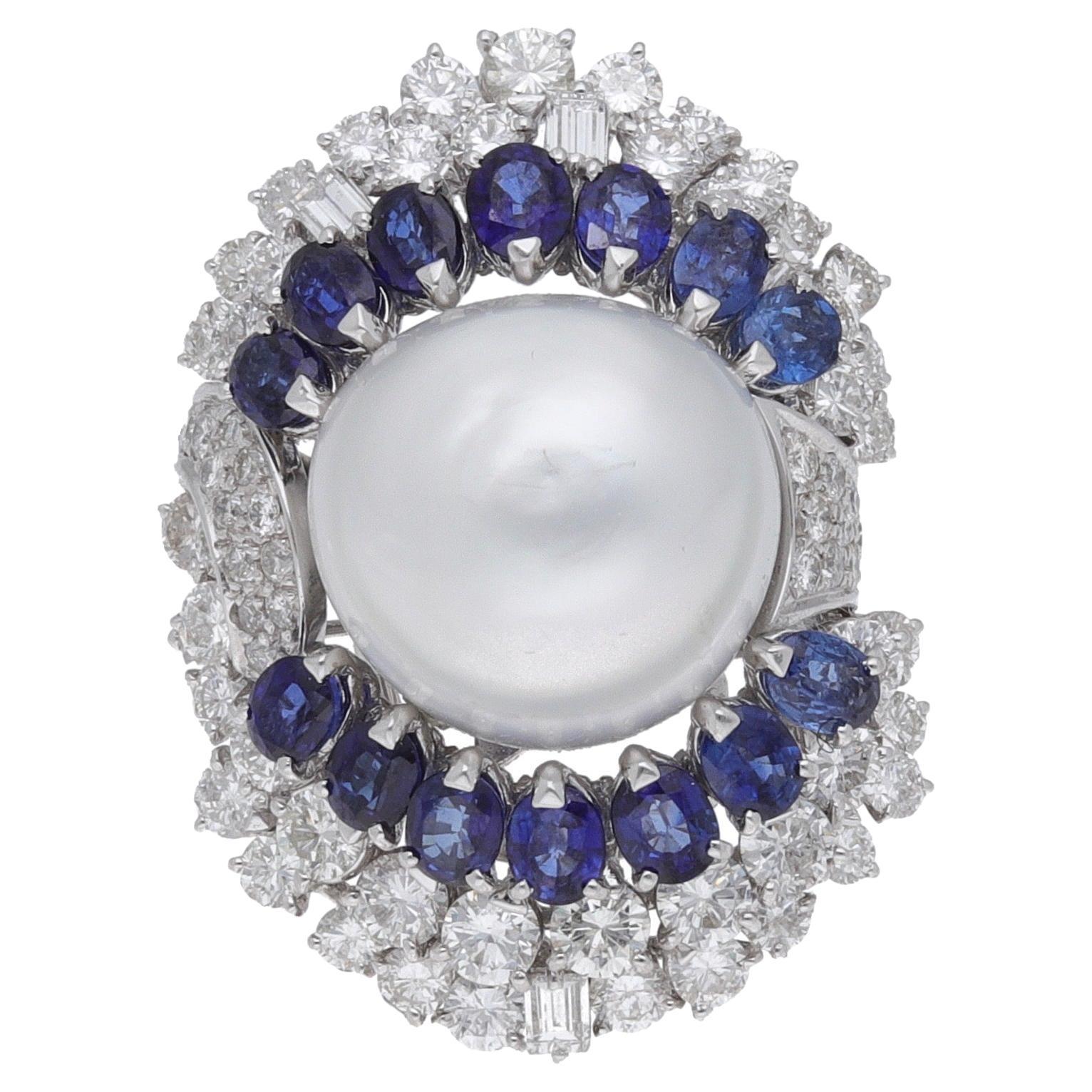 Diamonds Baroque Pearl Blue Sapphires 18 Ktarat White Gold Cocktail Ring