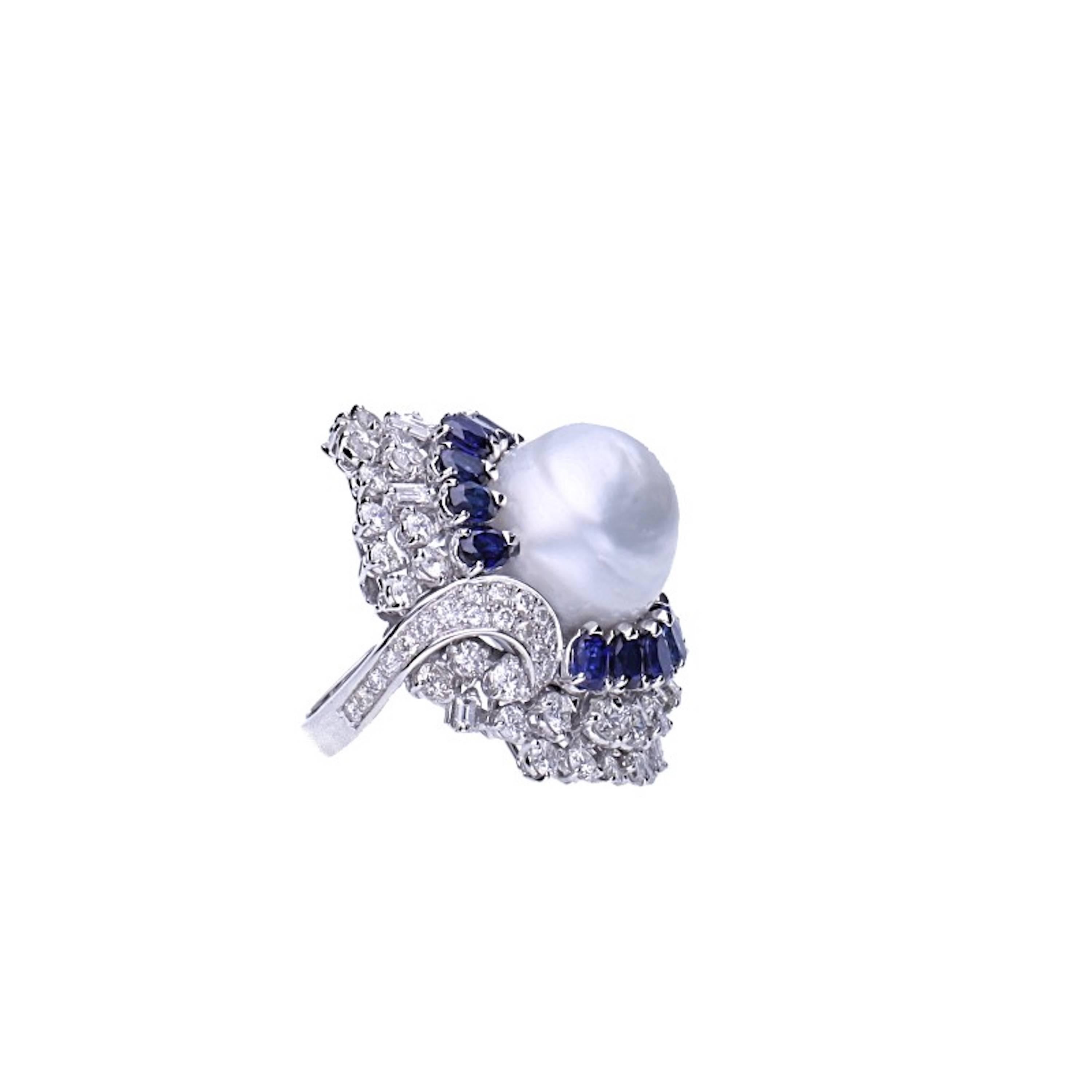 Round Cut Diamonds Baroque Pearl Blue Sapphires 18 Ktarat White Gold Cocktail Ring For Sale