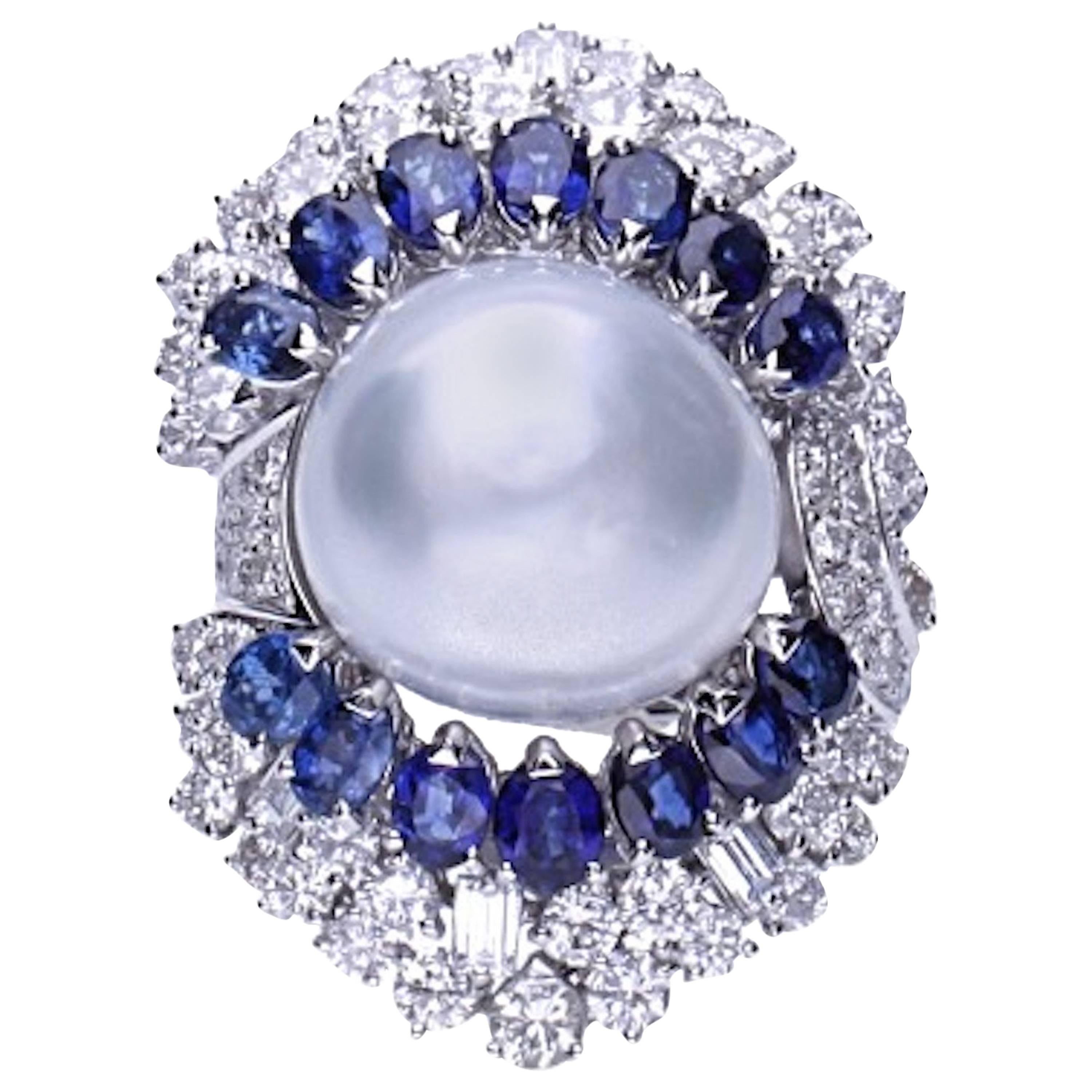 Diamonds Baroque Pearl Sapphires 18 Kt. White Gold Cocktail Ring