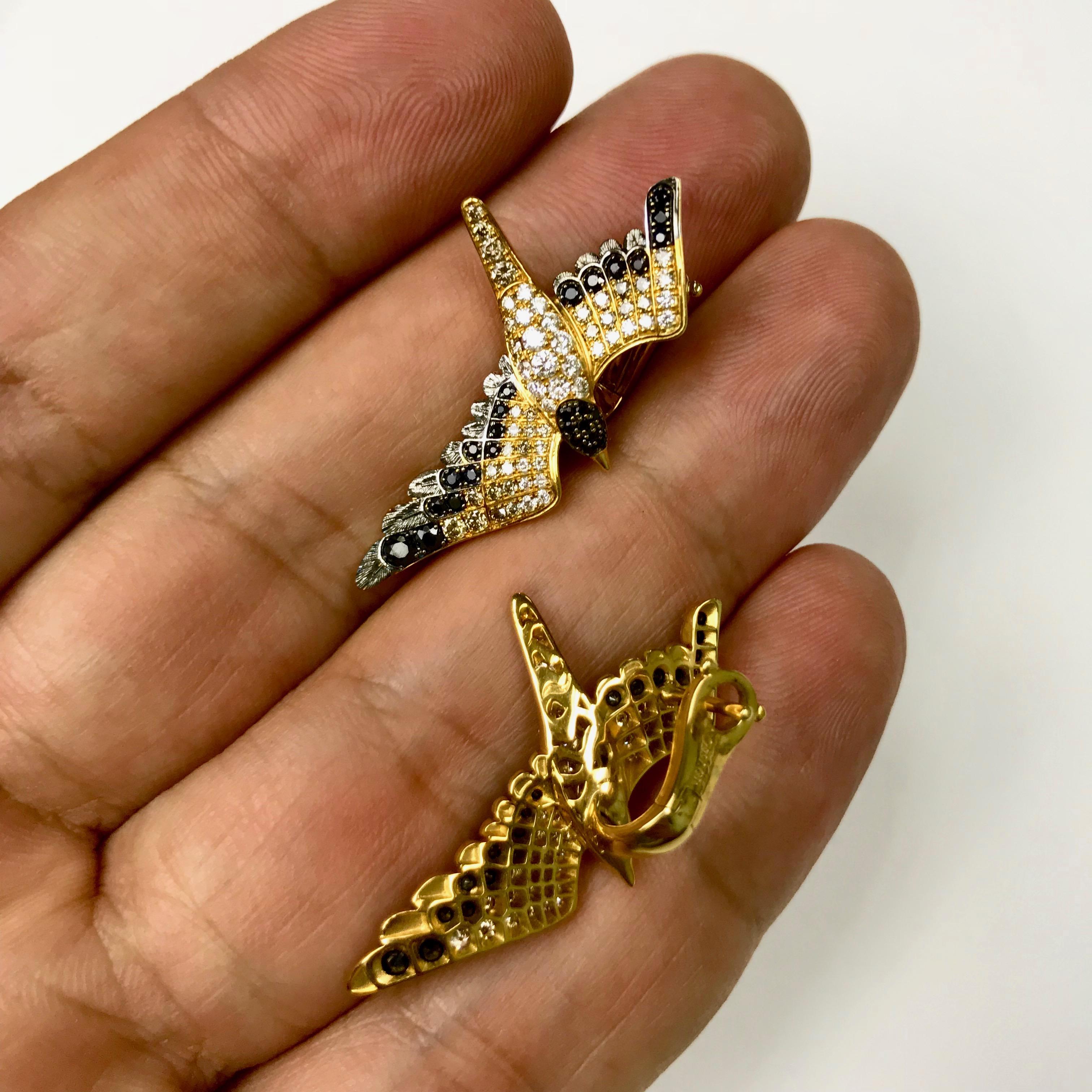 Diamants Saphir noir Boucles d'oreilles mouette en or jaune 18 carats en vente 1