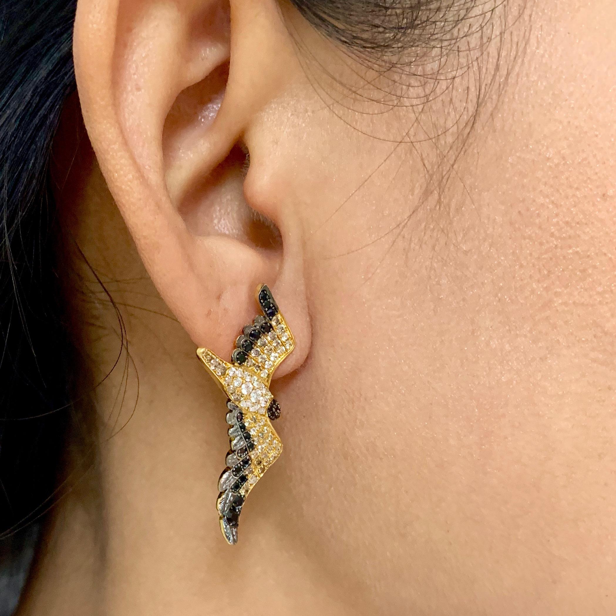 Diamants Saphir noir Boucles d'oreilles mouette en or jaune 18 carats en vente 3