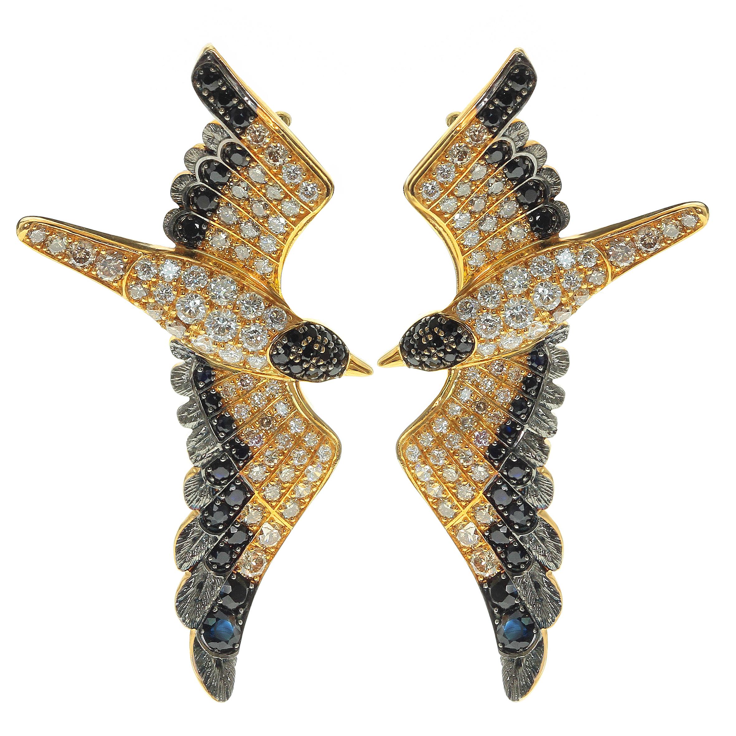 Diamonds Black Sapphire 18 Karat Yellow Gold Seagull Earrings For Sale