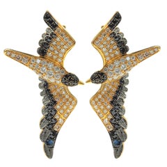 Diamonds Black Sapphire 18 Karat Yellow Gold Seagull Earrings