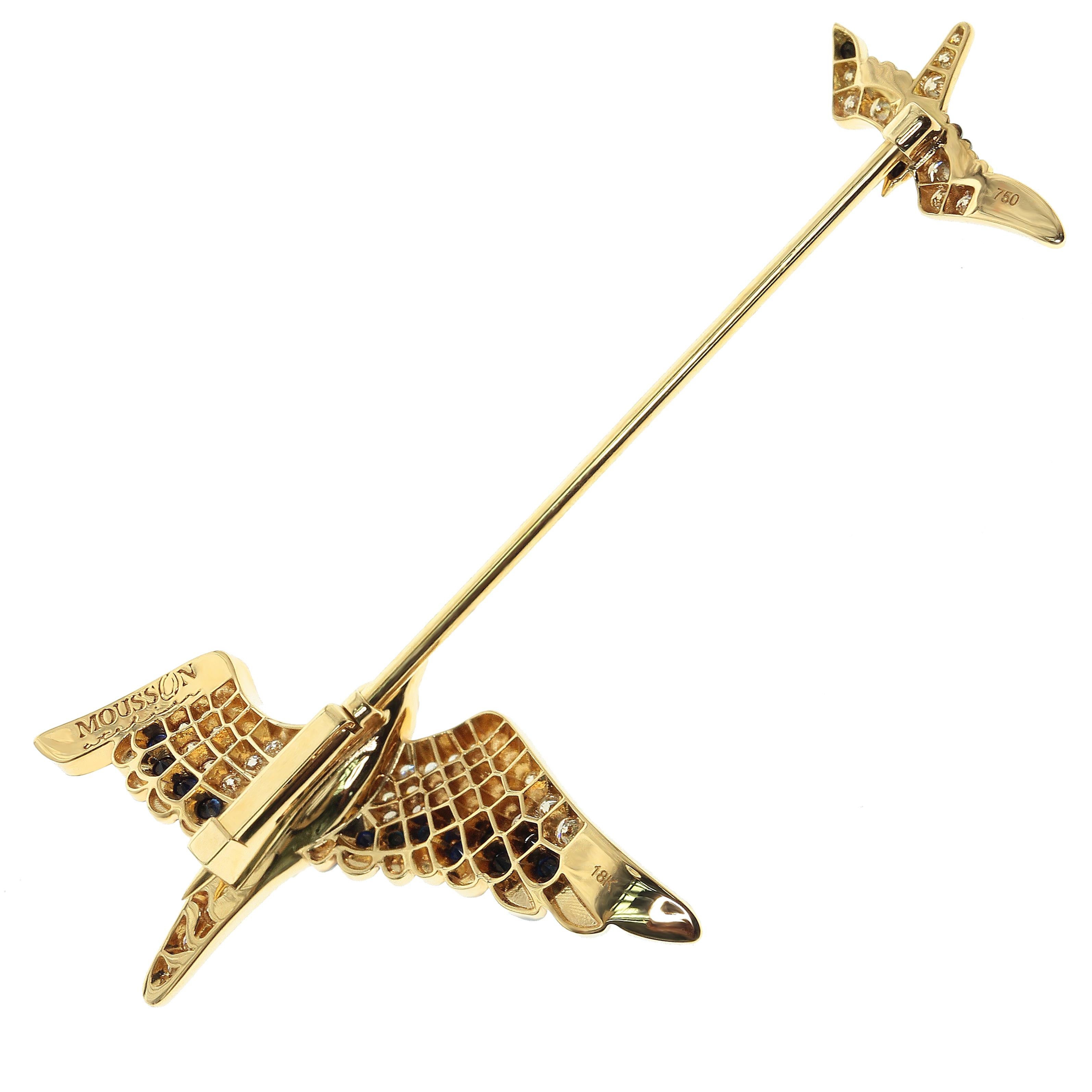 White and Brown Diamonds Black Sapphire 18 Karat Yellow Gold Seagull Pin Brooch
Highly detailed Seagull Pin Brooch. Combination of White and Champagne Diamonds gives fully impression that they are alive. This Pin represents two Seagulls flying to