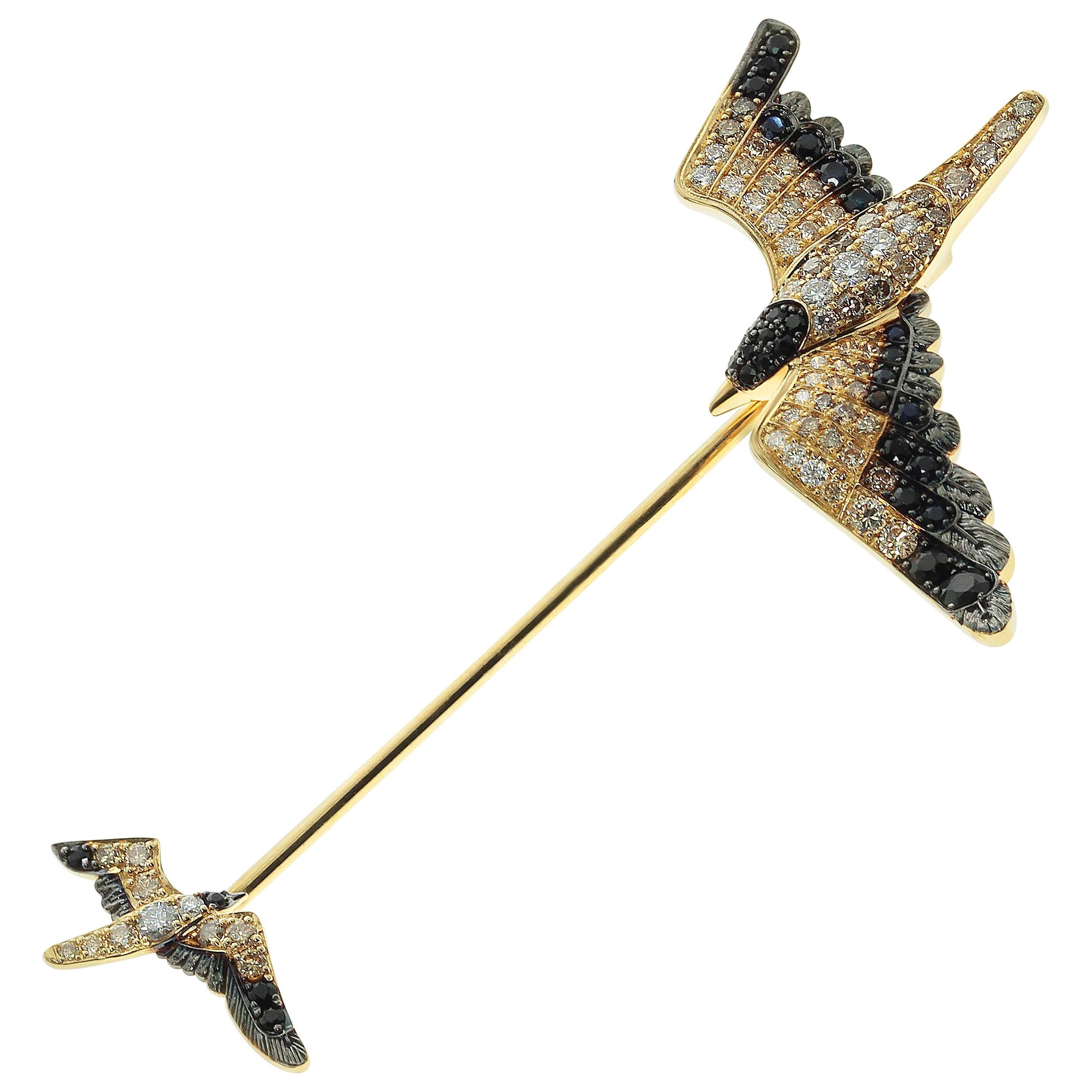 Diamonds Black Sapphire 18 Karat Yellow Gold Seagull Pin Brooch For Sale