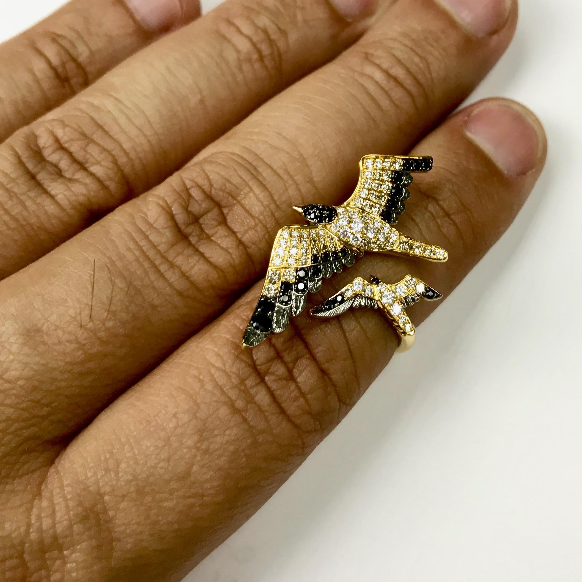 Women's Diamonds Black Sapphire 18 Karat Yellow Gold Seagull Ring