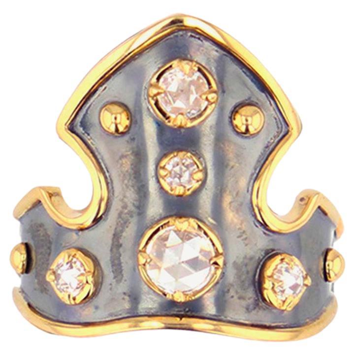 Diamond Blason Ring in 18k Yellow Gold and Distressed Silver by Elie Top