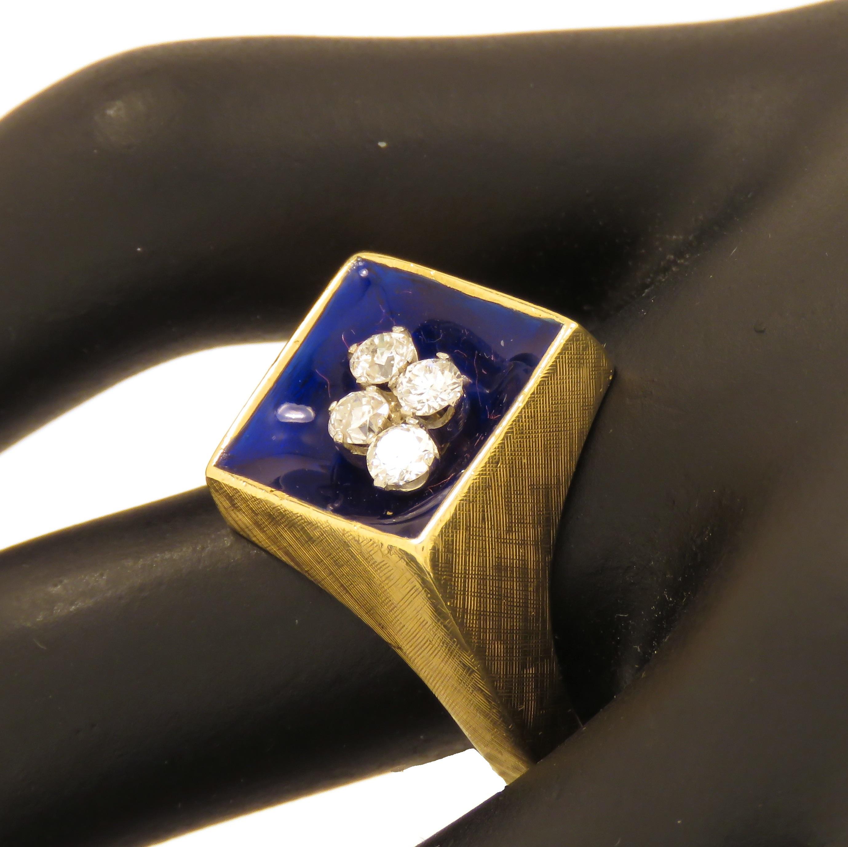 Diamonds Blue Enamel 18 Karat Yellow Gold Vintage Band Ring Handcrafted For Sale 4