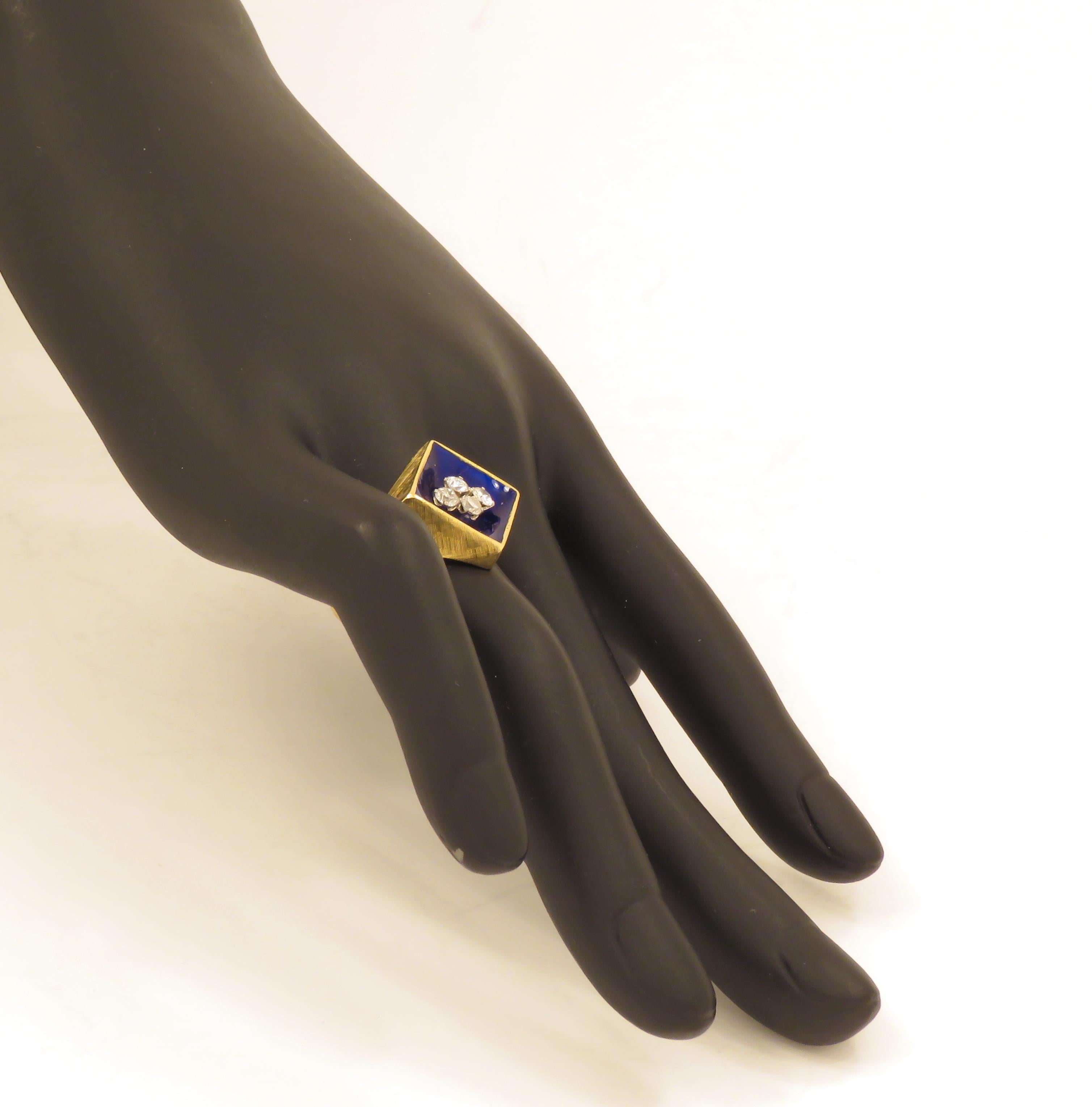 Retro Diamonds Blue Enamel 18 Karat Yellow Gold Vintage Band Ring Handcrafted For Sale